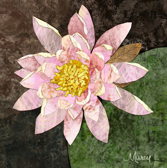 Discovering Serenity Bloom: An Ethereal Water Lily in Digital Painted Paper Collage on Gallery-Wrapped Stretched Canvas