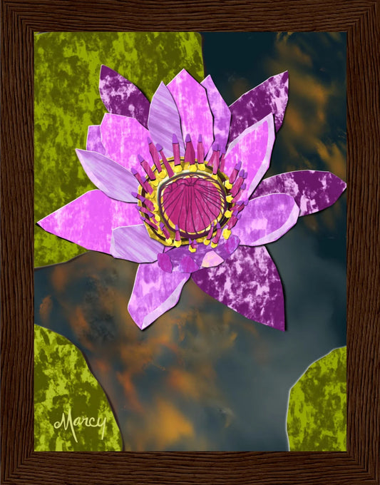 Purple Water Lily Digital Painted Paper Collage