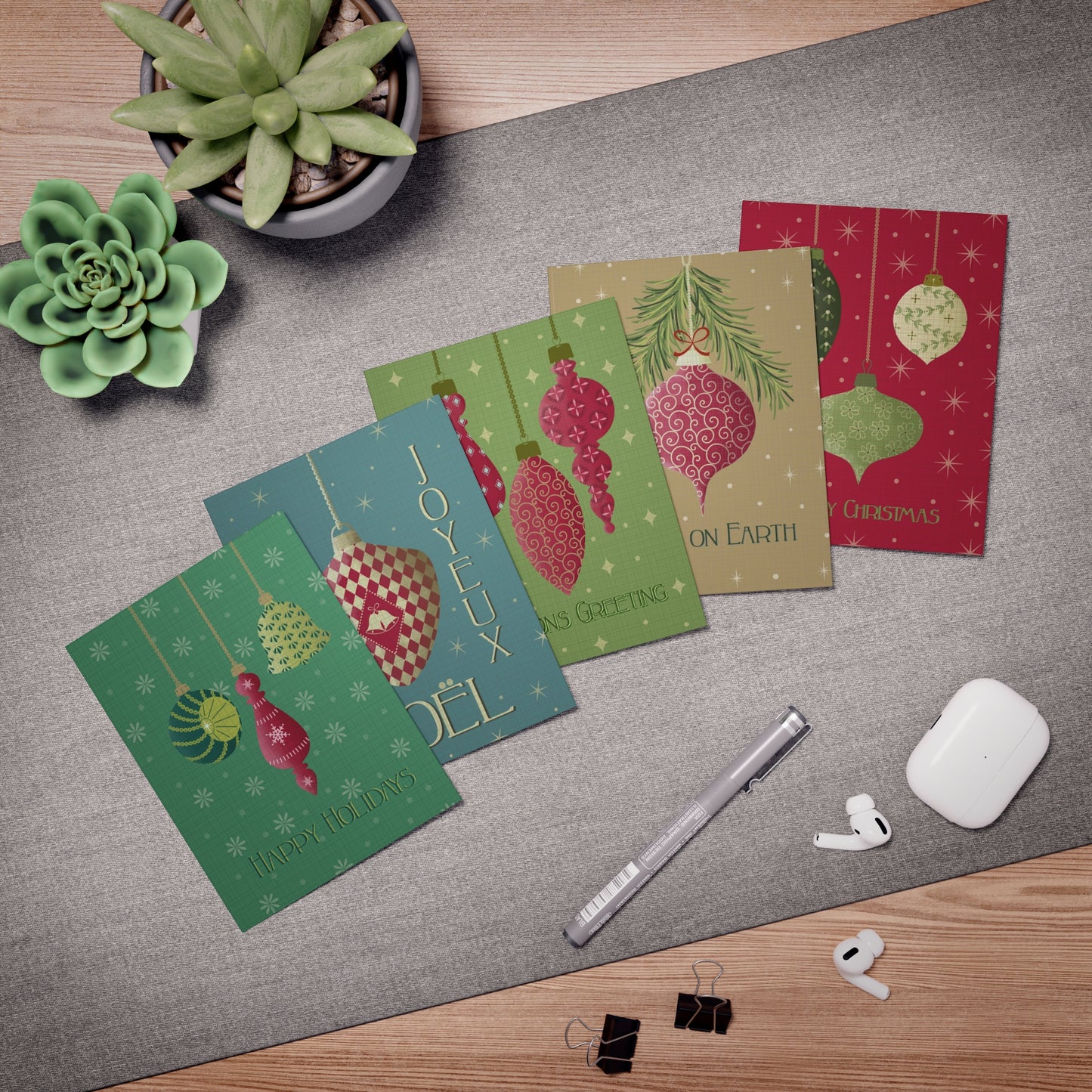 Vintage Ornaments Holiday Multi-Design Greeting Cards (5-Pack)
