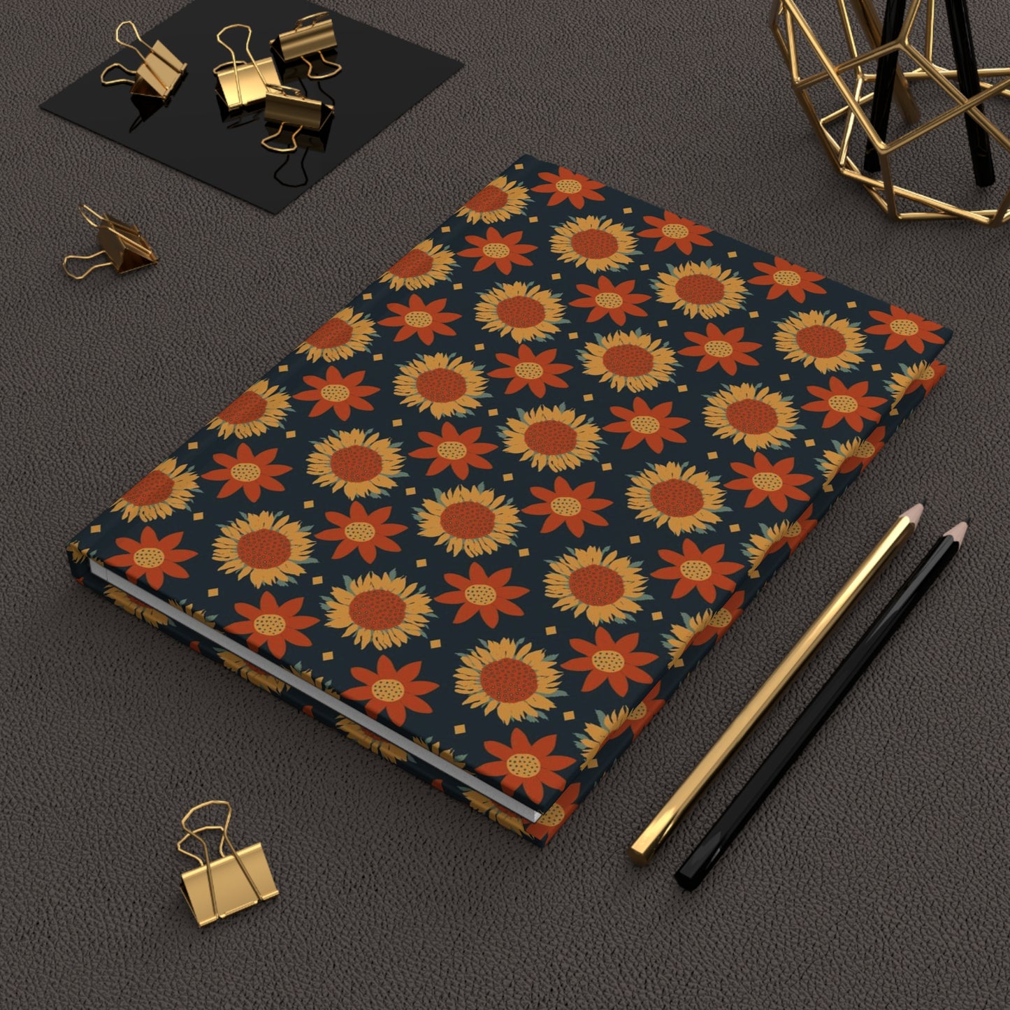 Retro Sunflowers on Dark Blue Hardcover Journal Matte