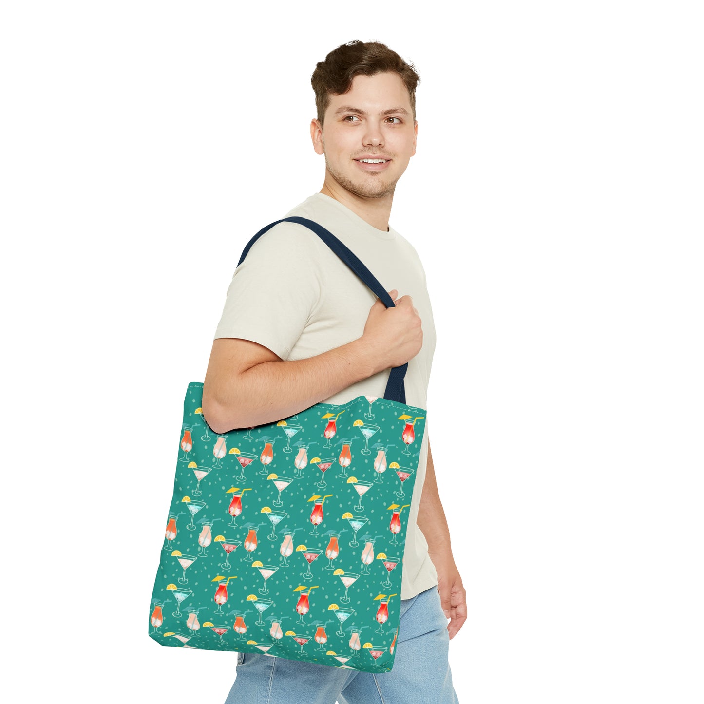 Cocktails Tote Bag: Vibrant Drinks with Lemon Slices, Umbrellas, and Straws on Turquoise Background