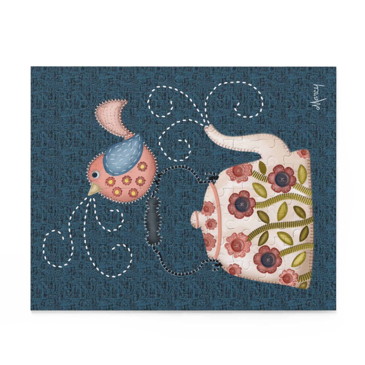 Folk art stitched Felt appliqué teapot and bird Puzzle (120, 252, 500-Piece)