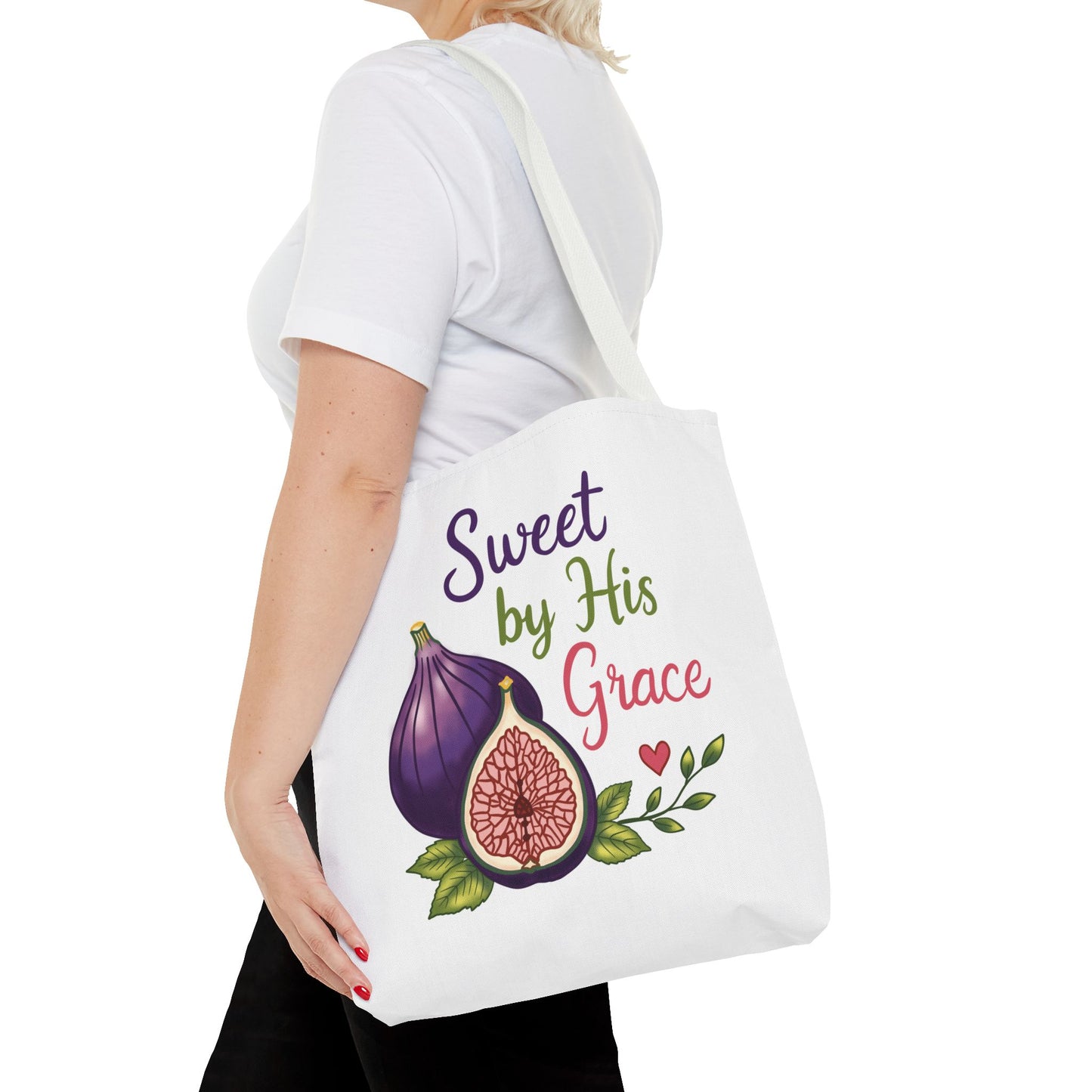 Sweet by His Grace Tote Bag — Faith-Inspired Fig Illustration