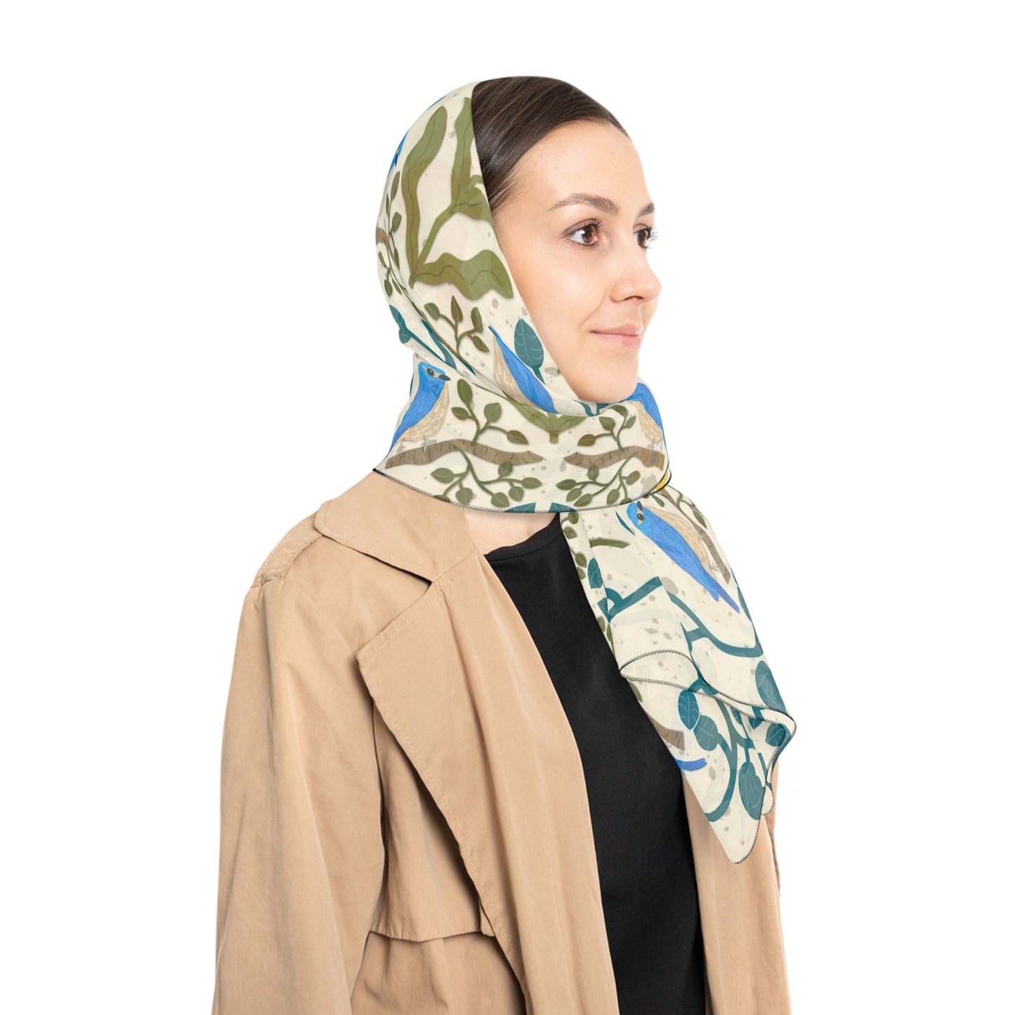 Scandi Birds and Flowers Square Poly Scarf