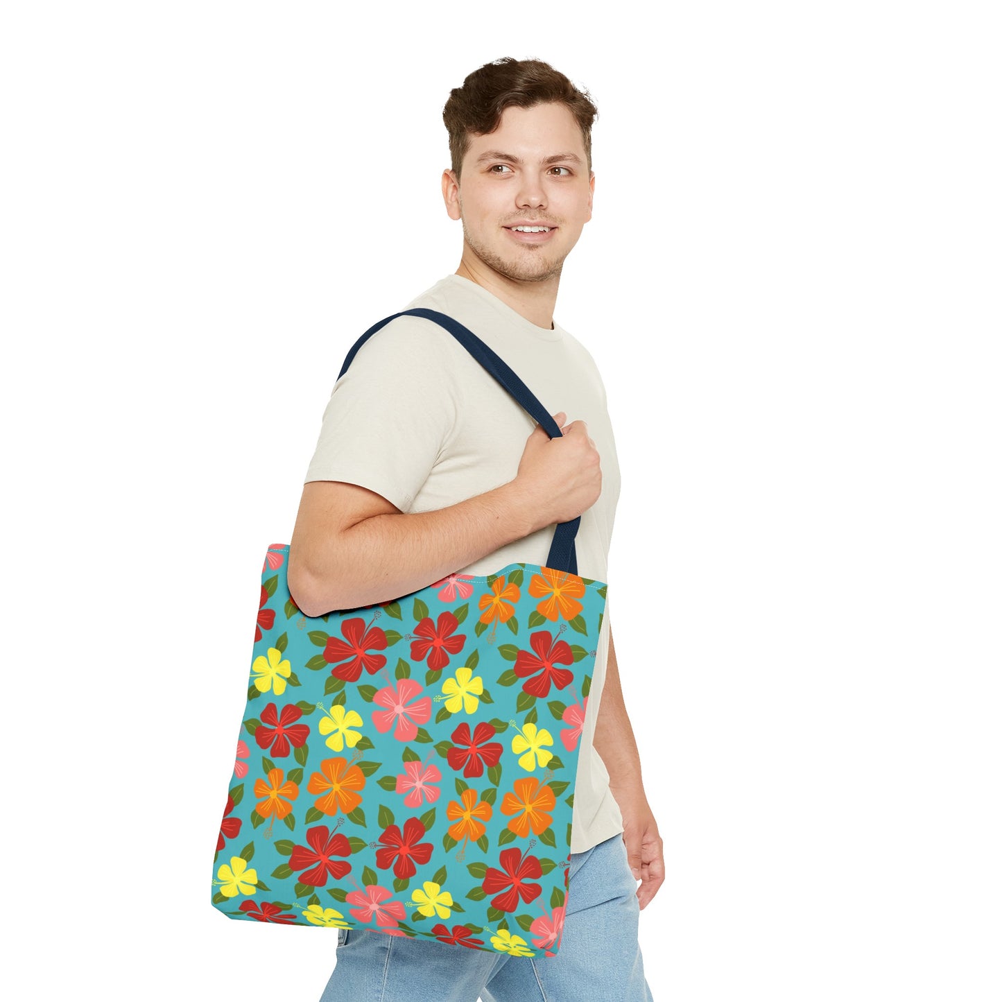 Colorful Hibiscus on Turquoise Tote Bag