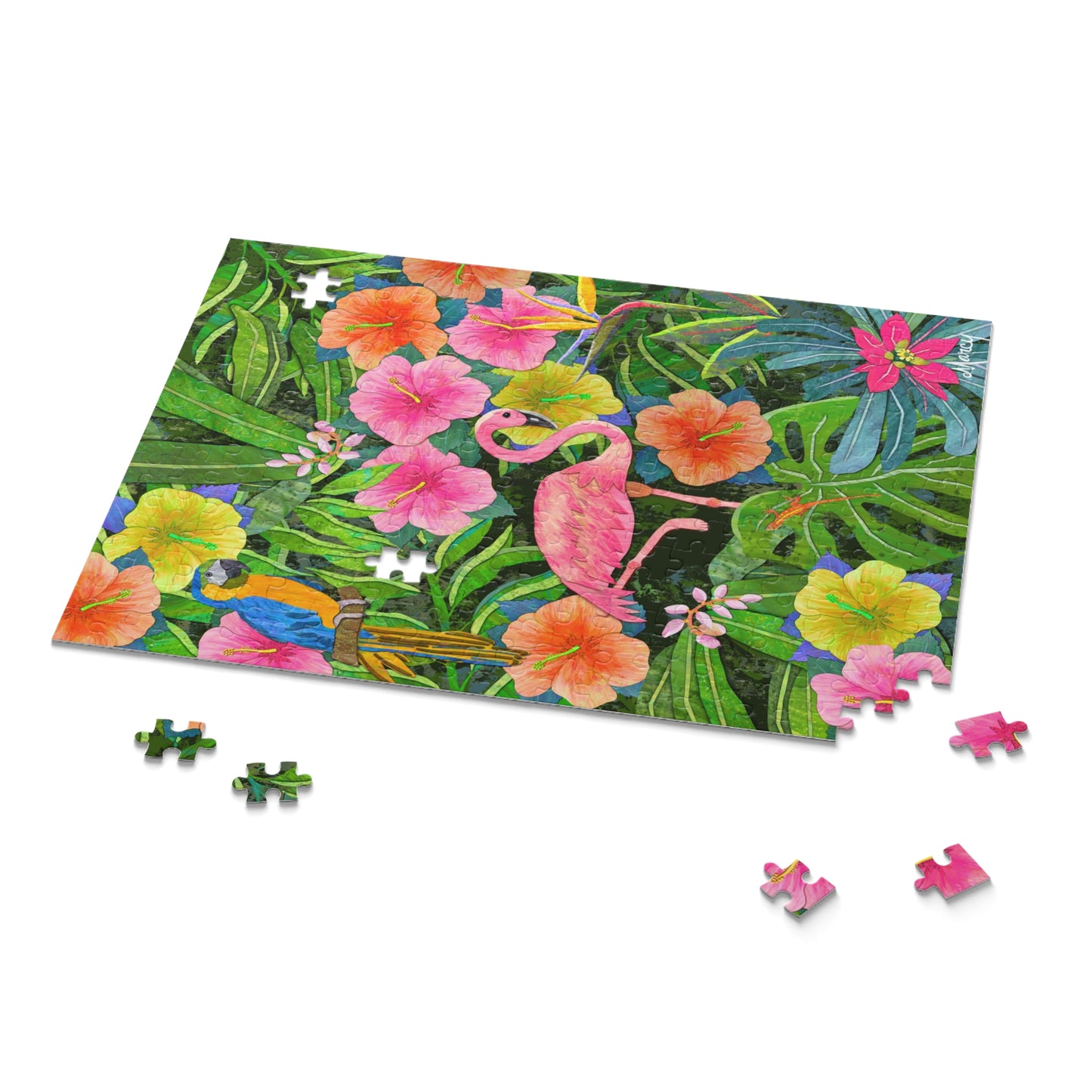 Flamingo in jungle Garden, digital painted paper collage Puzzle (120, 252, 500-Piece)