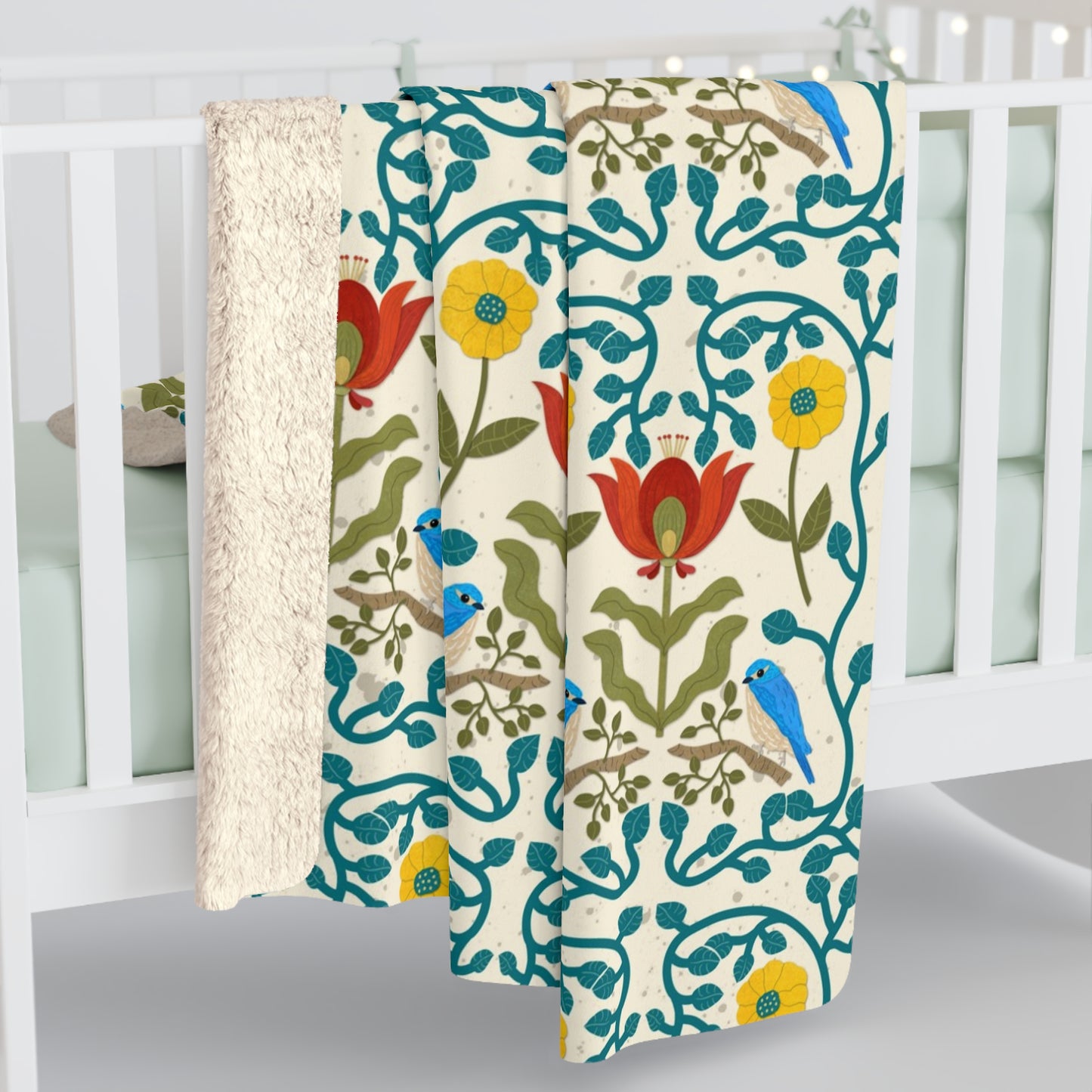 Scandi Birds and Flowers Sherpa Fleece Blanket