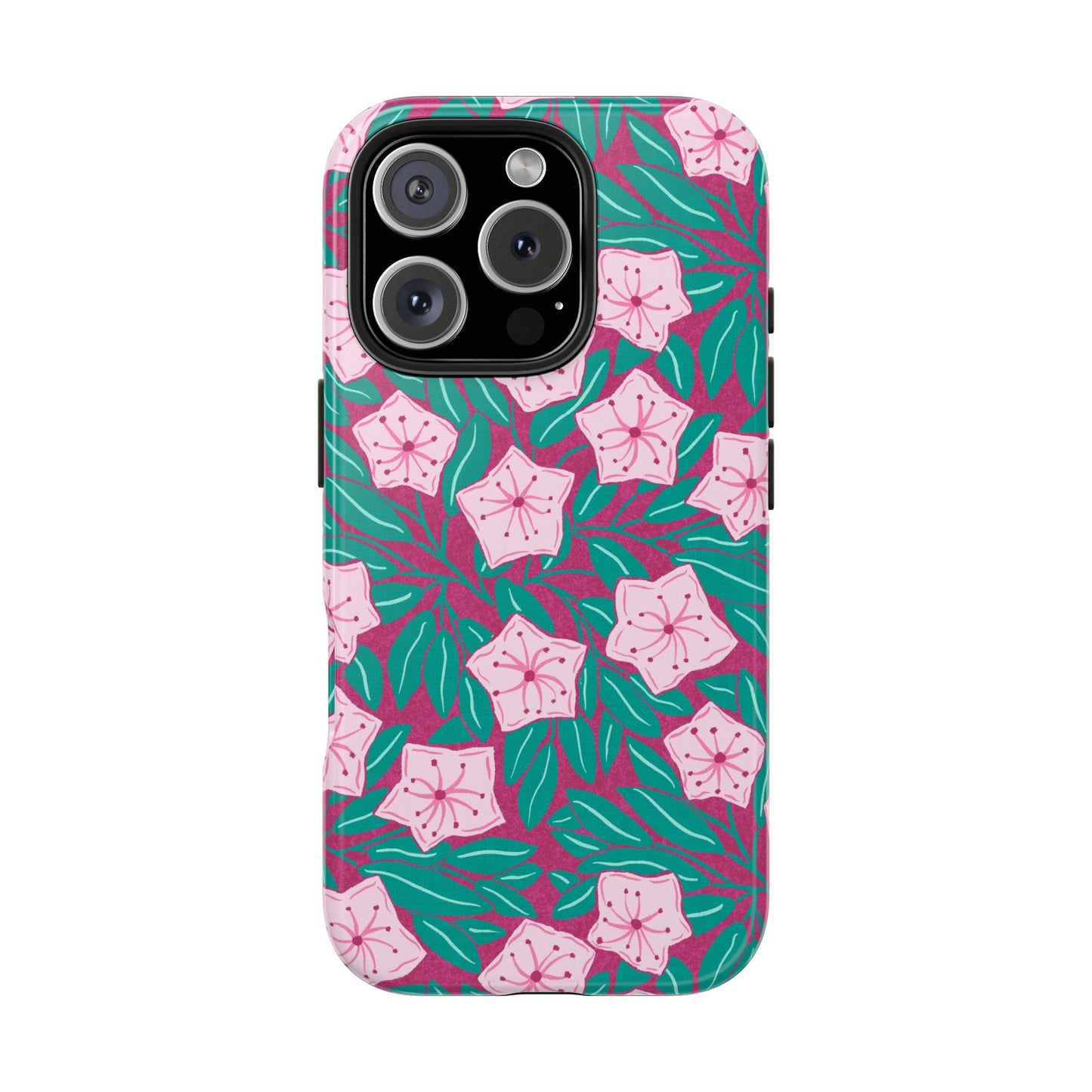 Pink Mountain Laurel Blossoms Tough Phone Case — Pink Blossoms on Teal Protective Cover