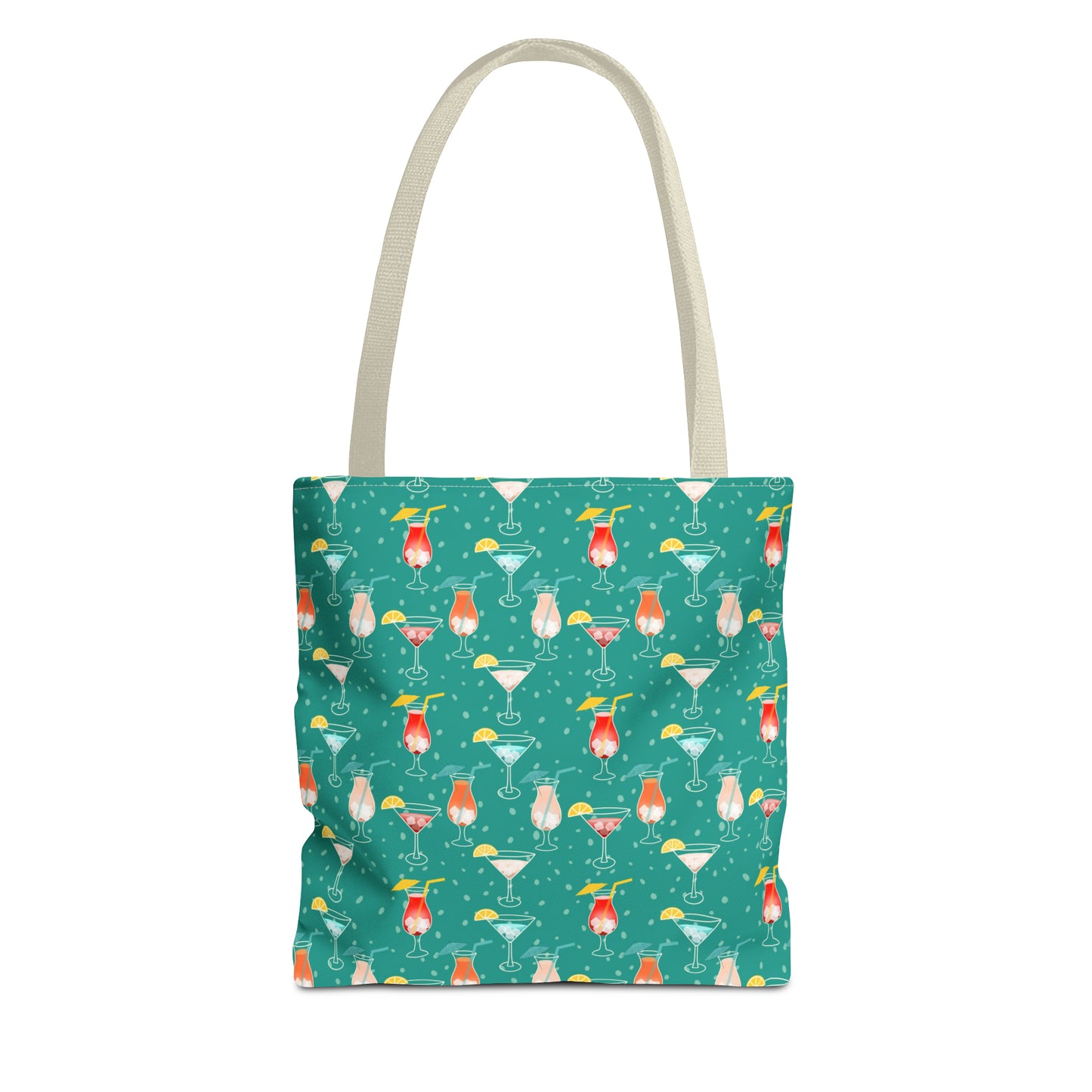 Cocktails Tote Bag: Vibrant Drinks with Lemon Slices, Umbrellas, and Straws on Turquoise Background