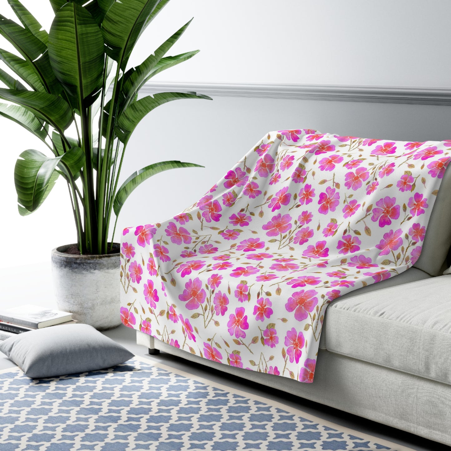 Hot Pink Wild Roses Sherpa Fleece Blanket