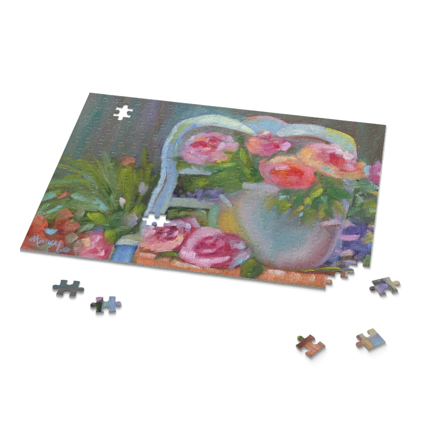 Pink Roses in Blue Crockery on French Chair Puzzle (120, 252, 500-Piece)
