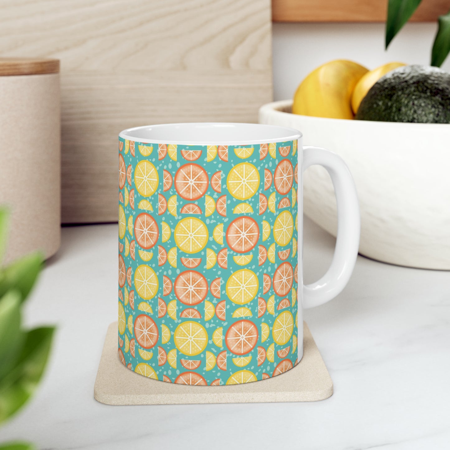Citrus Slices Geometric Design Ceramic Mug - Vibrant Turquoise Background with Orange and Lemon Slices