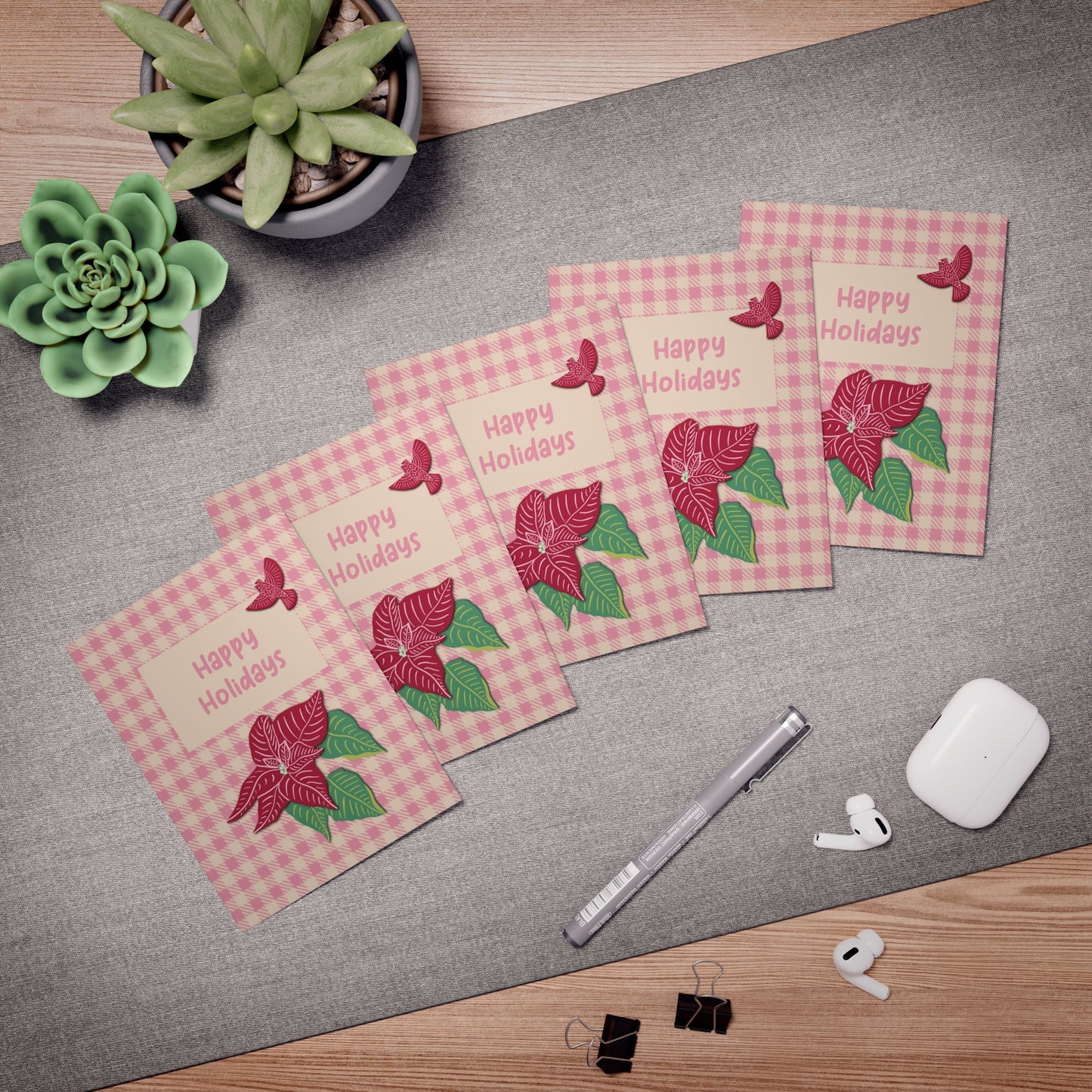 Pink Poinsettia & Cardinal on Pink Plaid Holiday Greeting Cards (5-Pack)