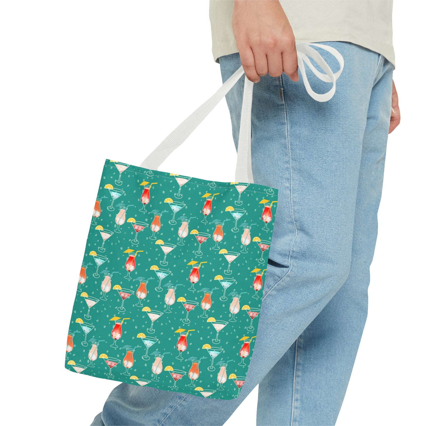 Cocktails Tote Bag: Vibrant Drinks with Lemon Slices, Umbrellas, and Straws on Turquoise Background