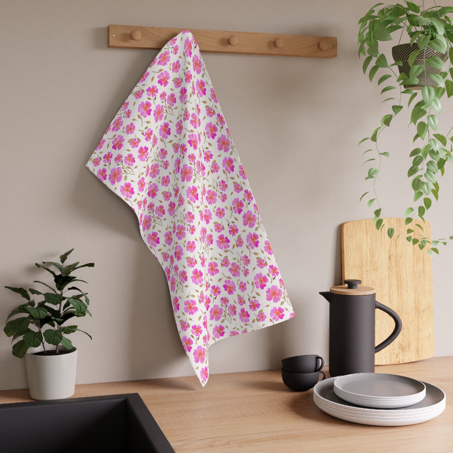 Hot Pink Wild Roses Kitchen Towel