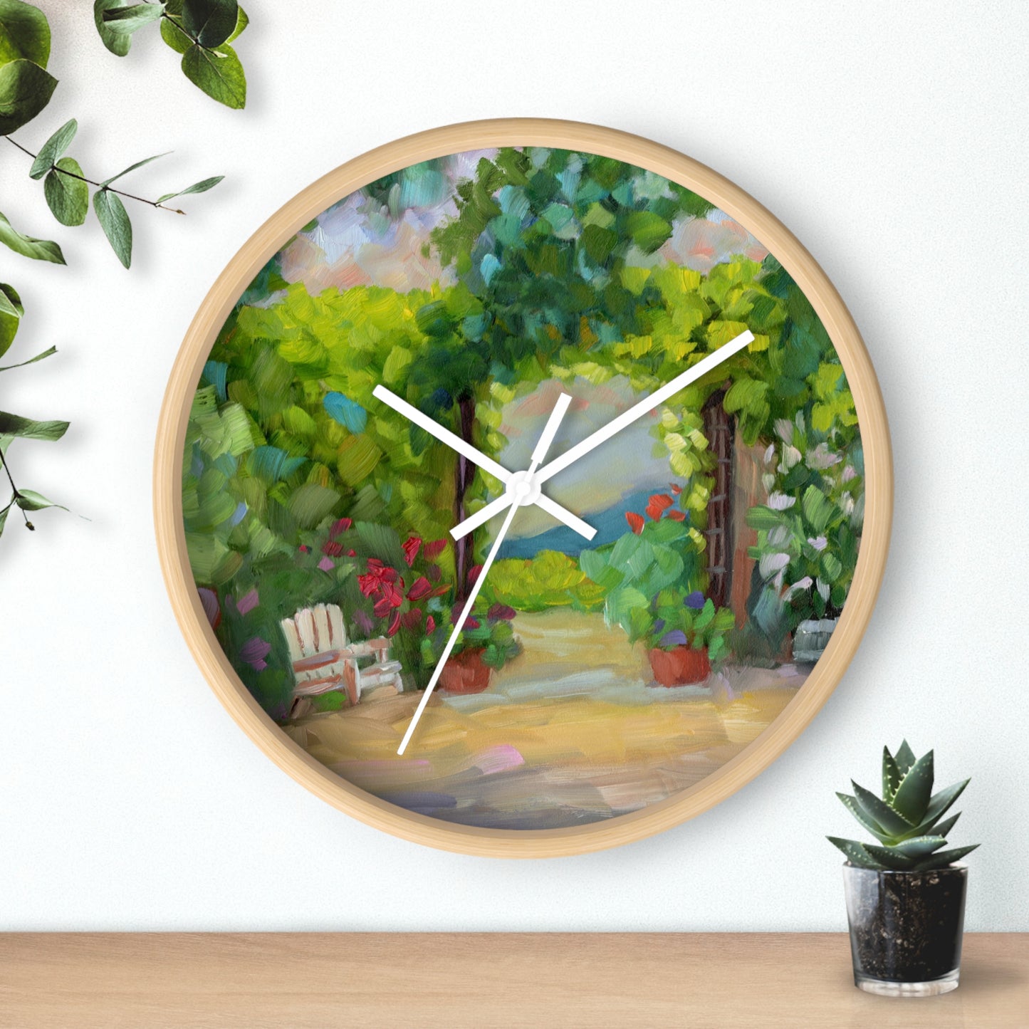 Garden Path Wall Clock — Peaceful Floral Patio Scene Decorative Clock