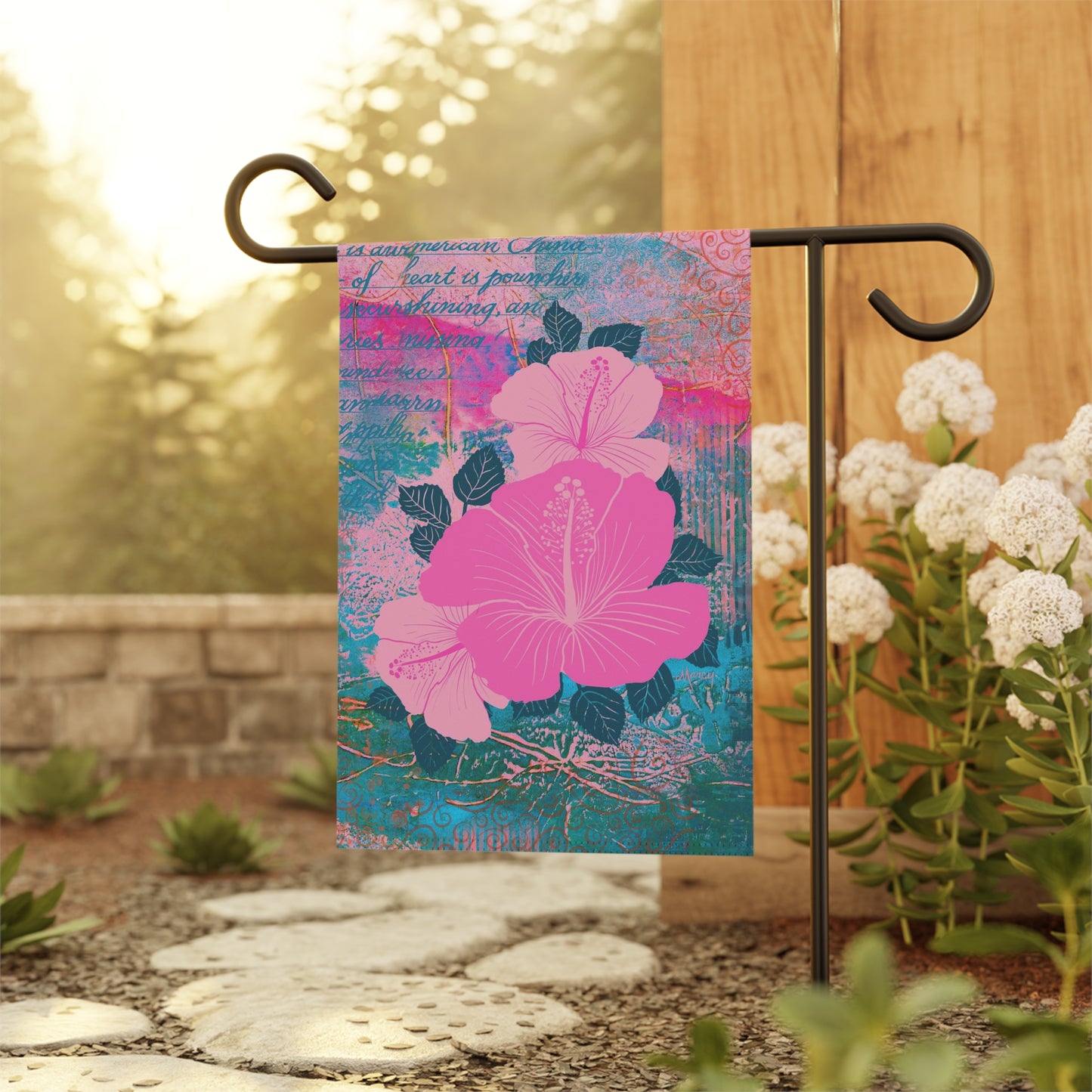 Tropical Blossoms - Three Pink Hibiscus Flowers - Garden & House Banner