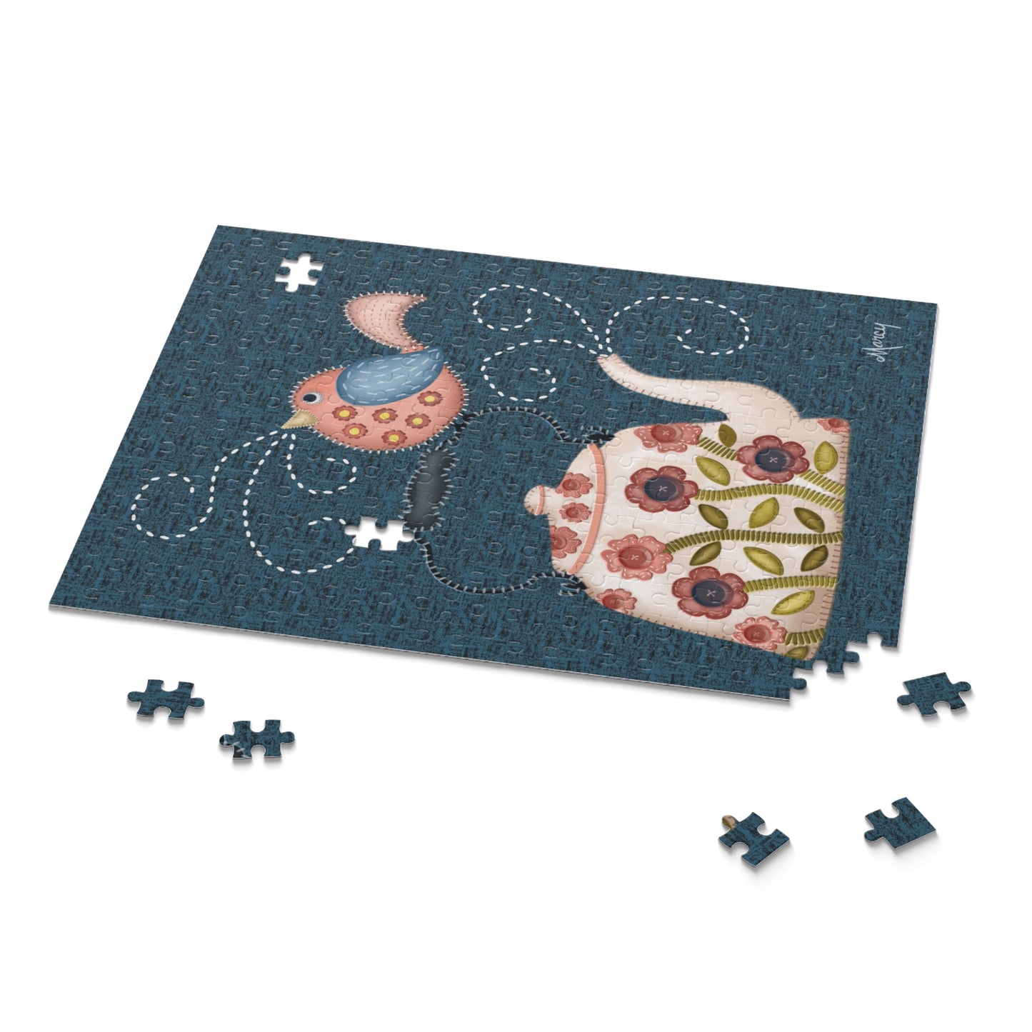 Folk art stitched Felt appliqué teapot and bird Puzzle (120, 252, 500-Piece)