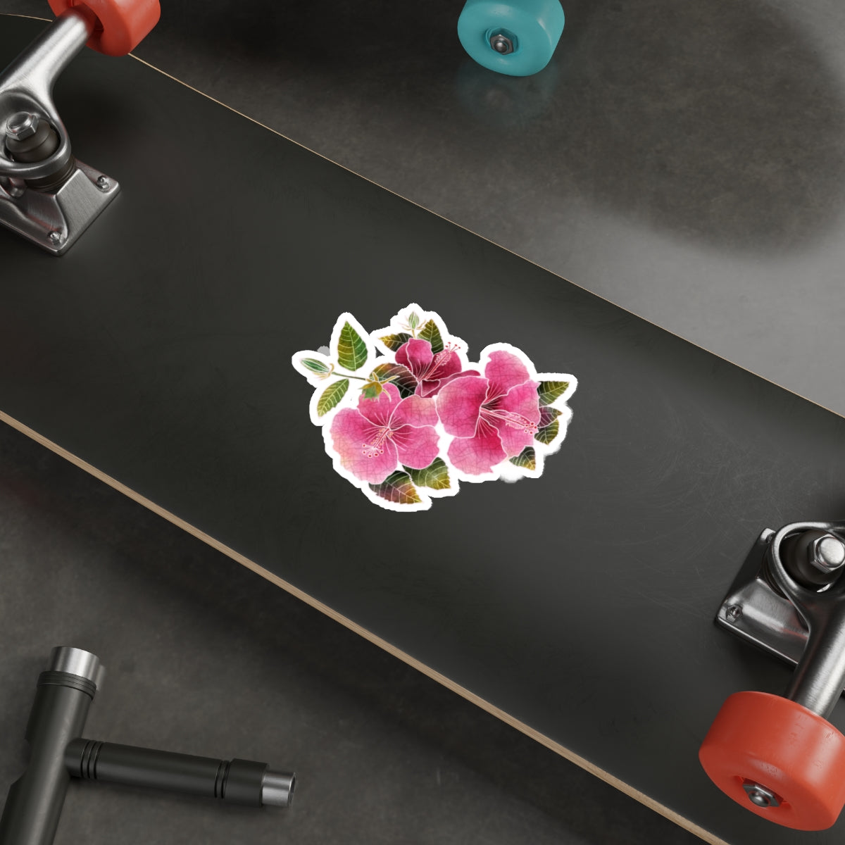 Three Pink Hibiscus with Buds and Leaves Hibiscus Die-Cut Stickers
