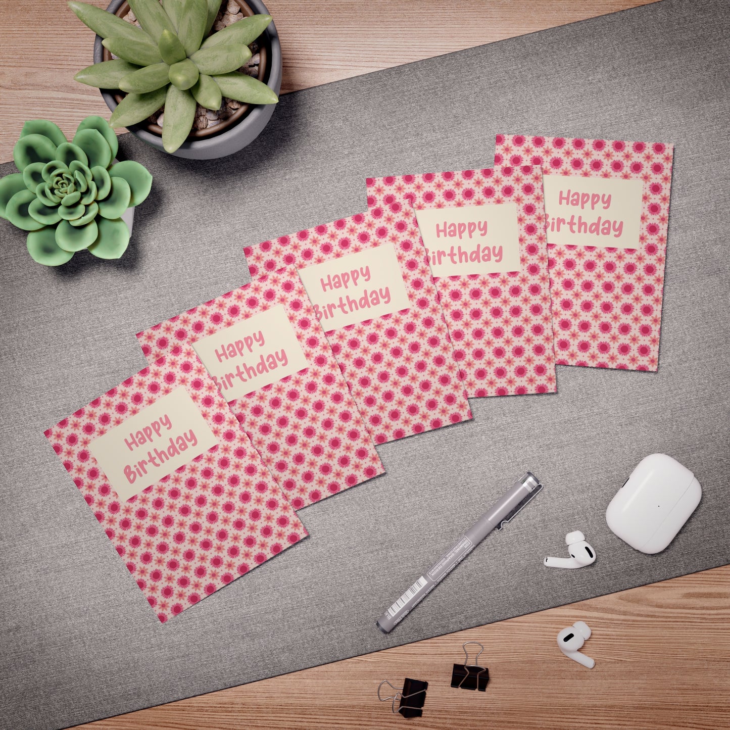 Retro Pink Sunflowers Birthday Greeting Cards (5-Pack)