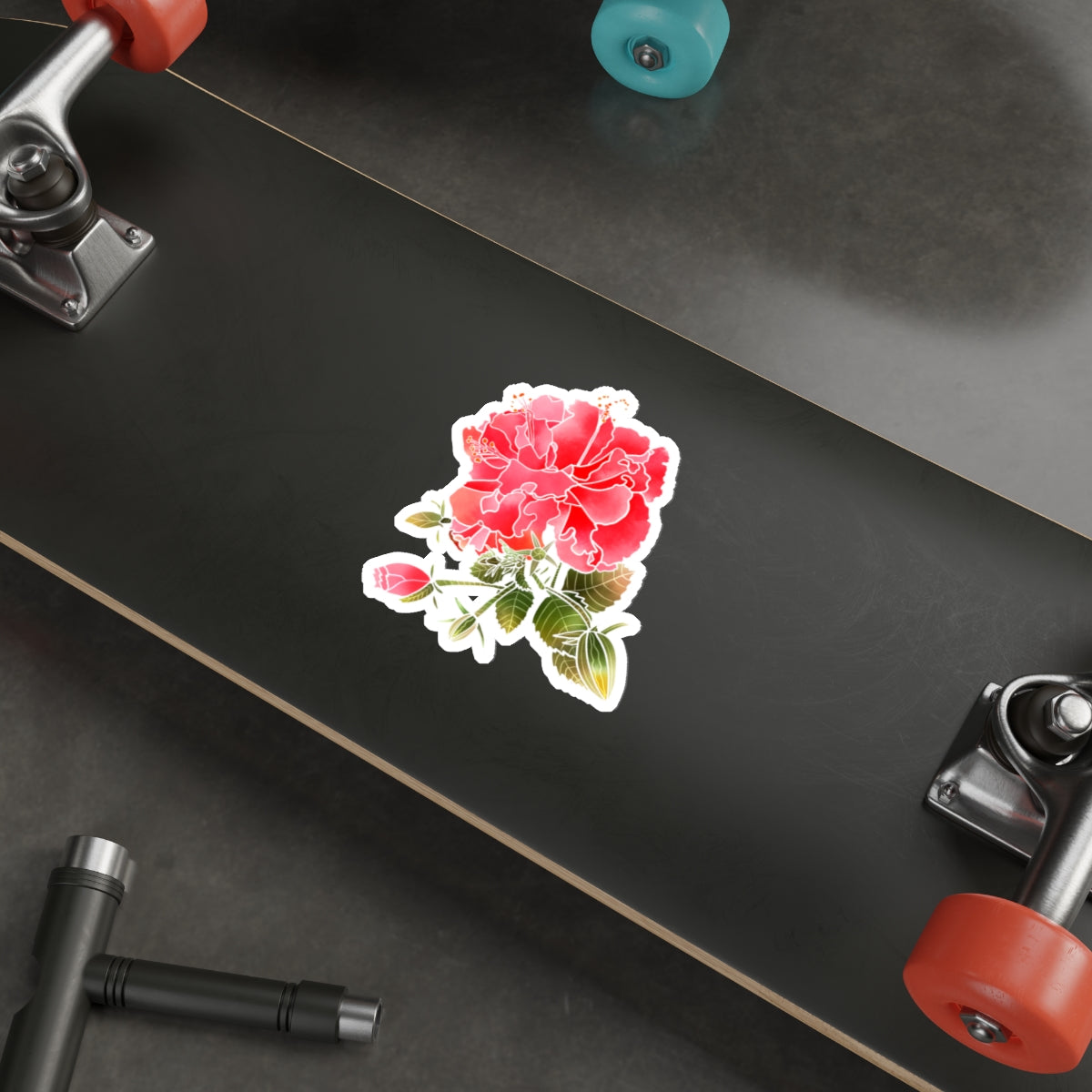 Red Ruffled Hibiscus with Flower Bud and Leaves Die-Cut Stickers