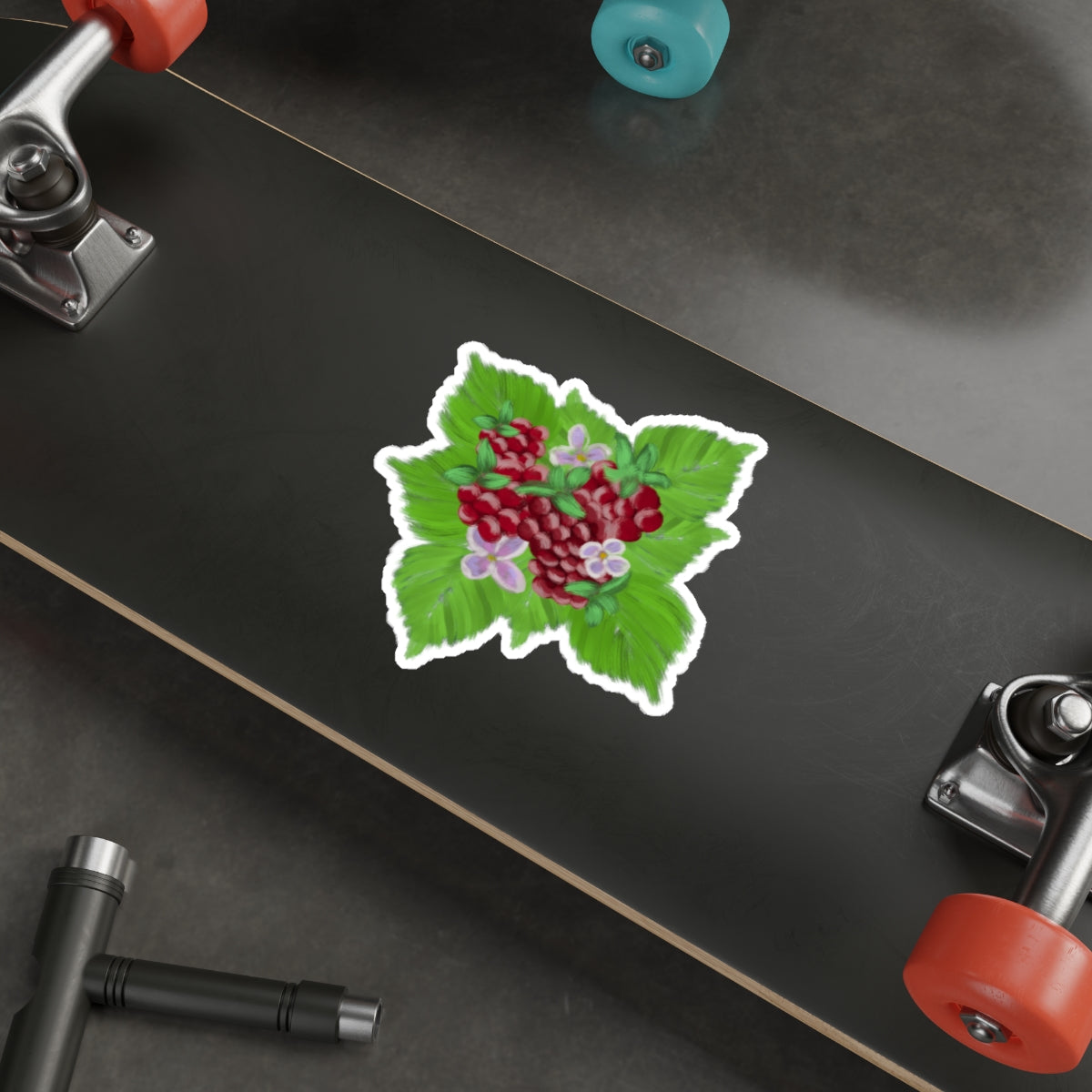 Raspberry Patch - Raspberries with Leaves and Flowers Die Cut Sticker