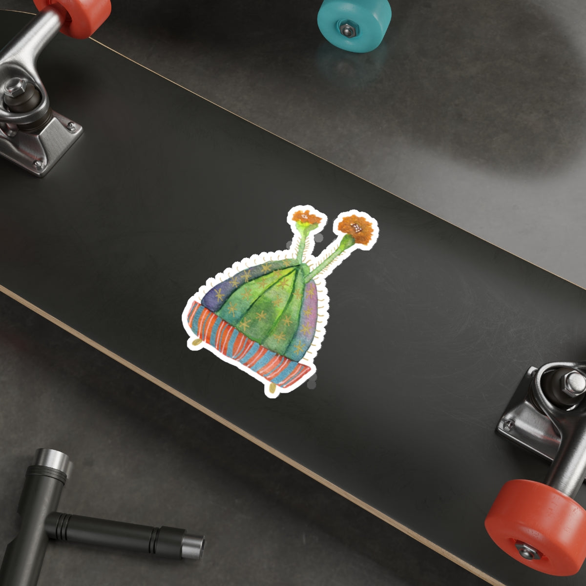 Blooming Cactus in Blue and Orange Striped Pot Die Cut Sticker