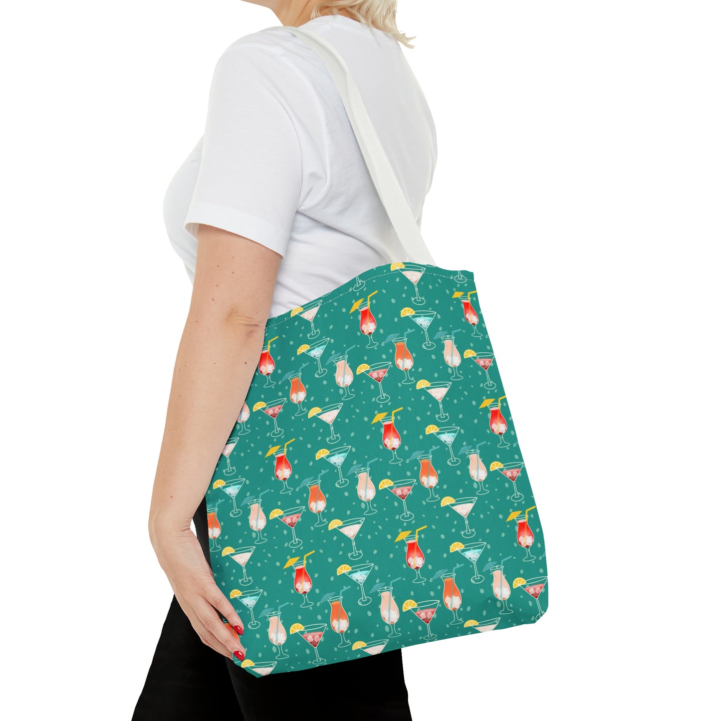 Cocktails Tote Bag: Vibrant Drinks with Lemon Slices, Umbrellas, and Straws on Turquoise Background