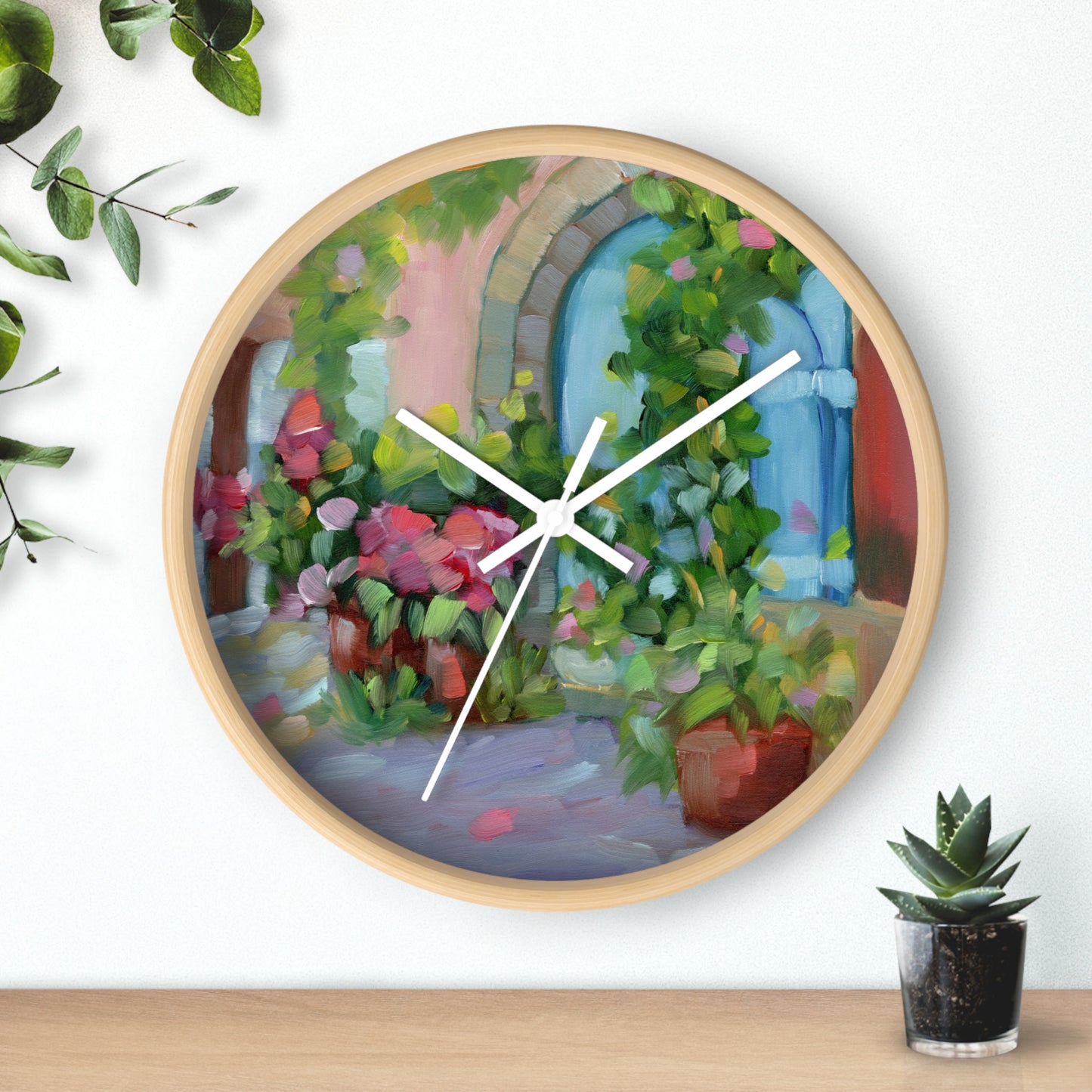 Mediterranean Garden Wall Clock — Floral Courtyard Art Timepiece