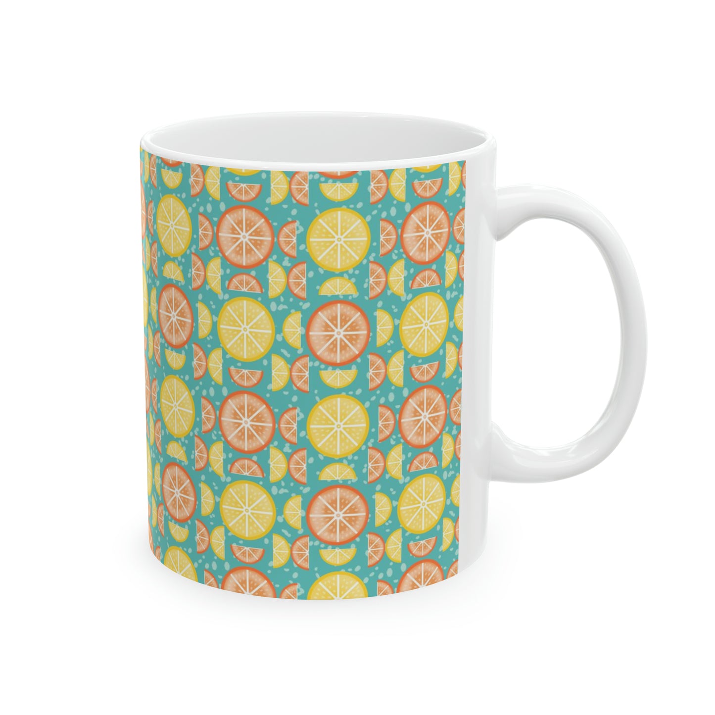 Citrus Slices Geometric Design Ceramic Mug - Vibrant Turquoise Background with Orange and Lemon Slices