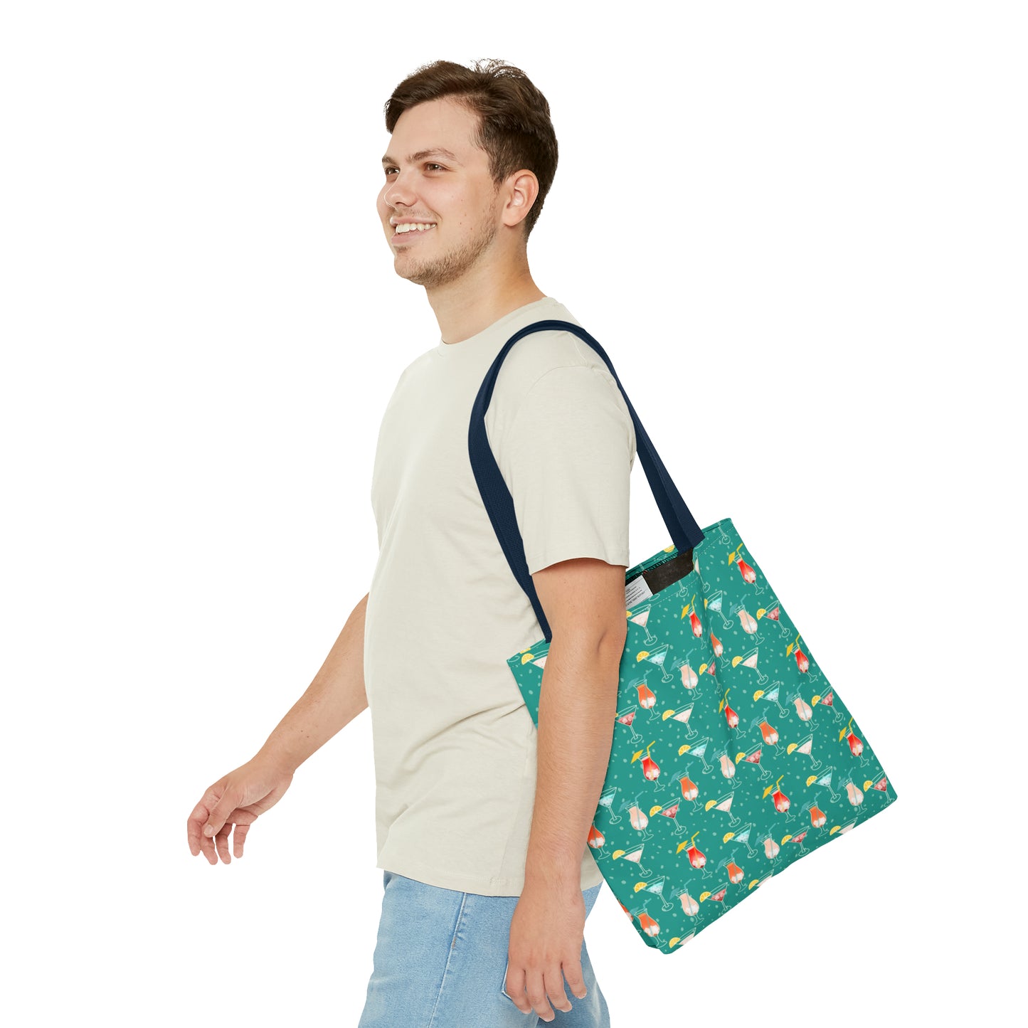 Cocktails Tote Bag: Vibrant Drinks with Lemon Slices, Umbrellas, and Straws on Turquoise Background