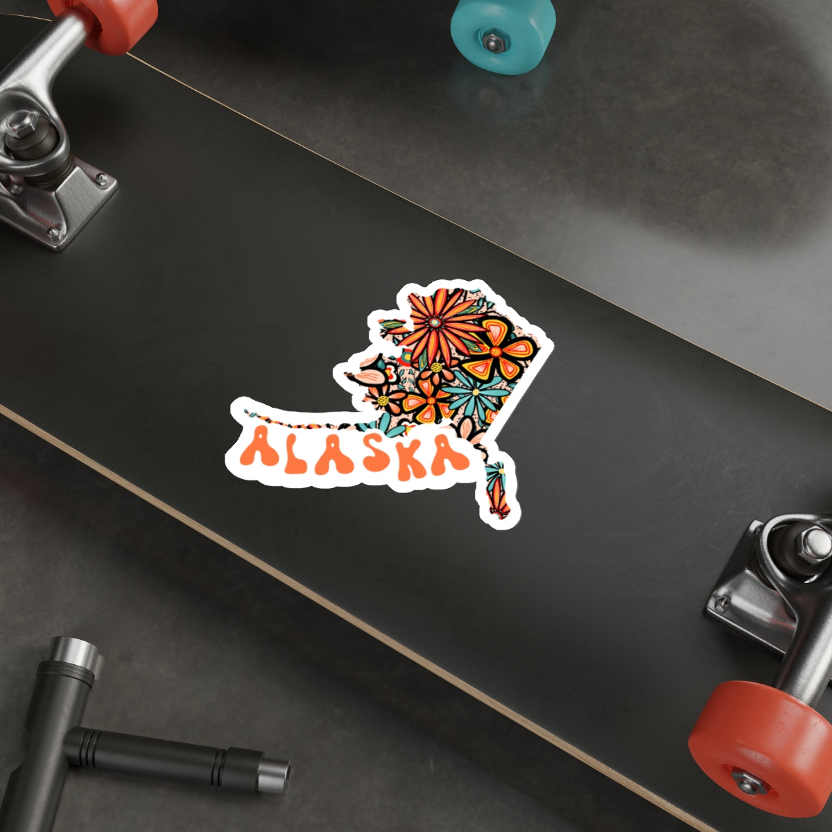 Alaska State Sticker | Vinyl Artist Designed Illustration Featuring Alaska State Outline Filled With Retro Flowers with Retro Hand-Lettering Die-Cut Stickers