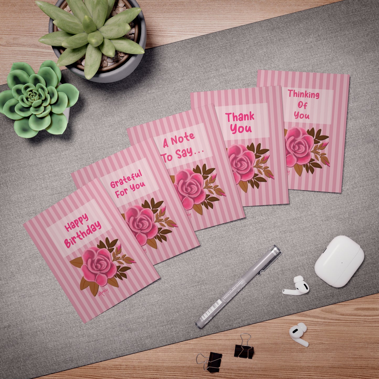 Pink Rose on Pink Stripes Multi-Occasion Multi-Design Greeting Cards (5-Pack)