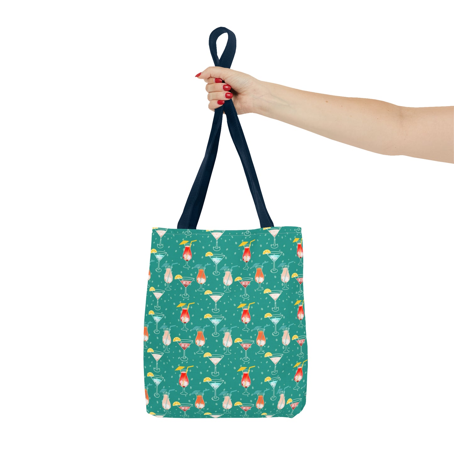 Cocktails Tote Bag: Vibrant Drinks with Lemon Slices, Umbrellas, and Straws on Turquoise Background