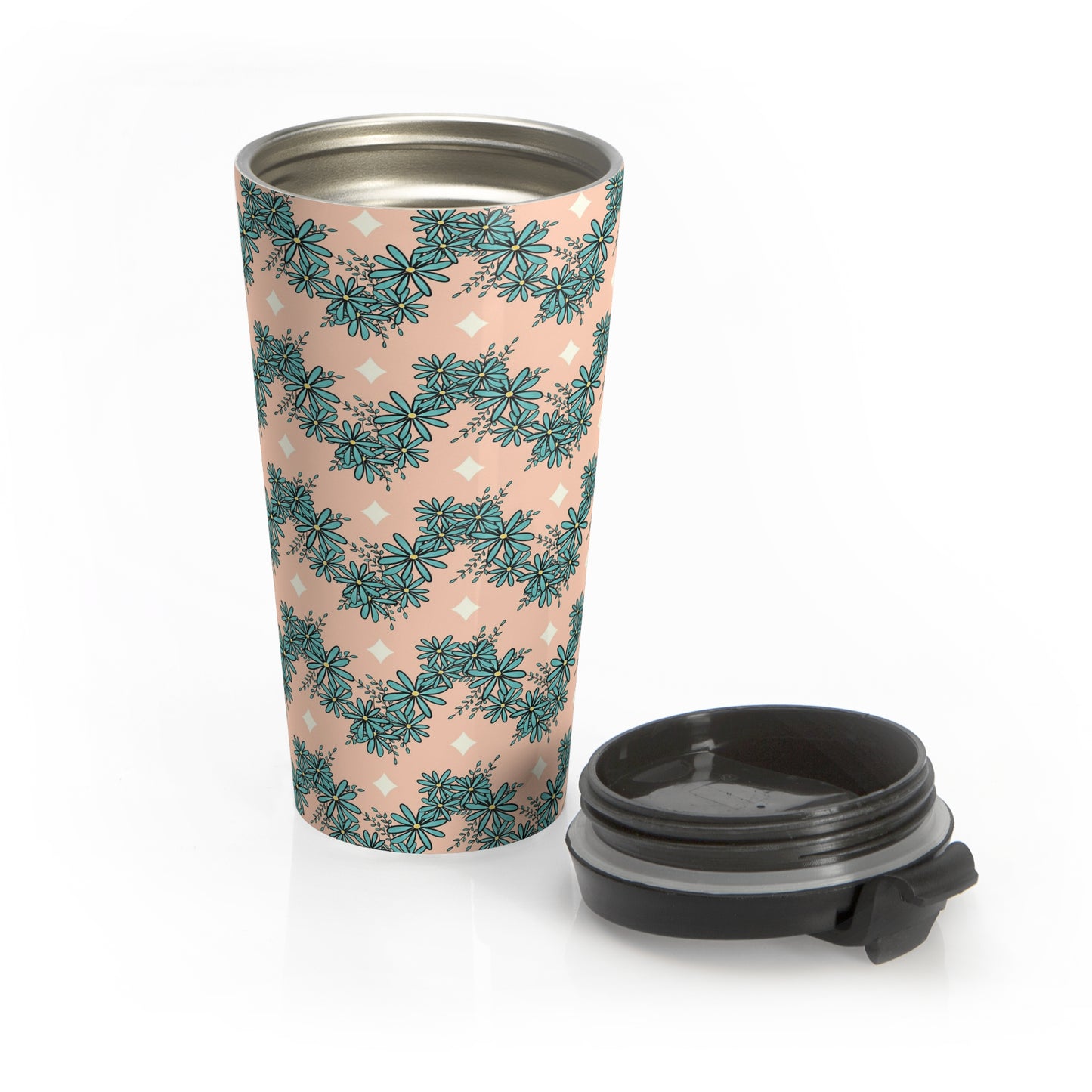 Blue Daisies Zig Zag Stripes Stainless Steel Travel Mug