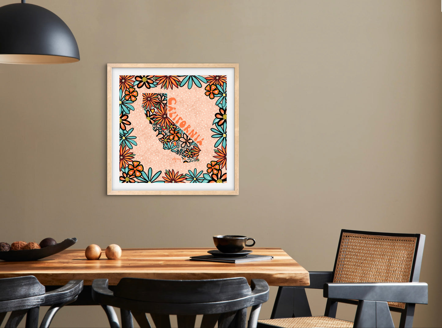 California Illustration with Retro Hand-Lettering — Premium Matte Paper Wooden Framed Poster