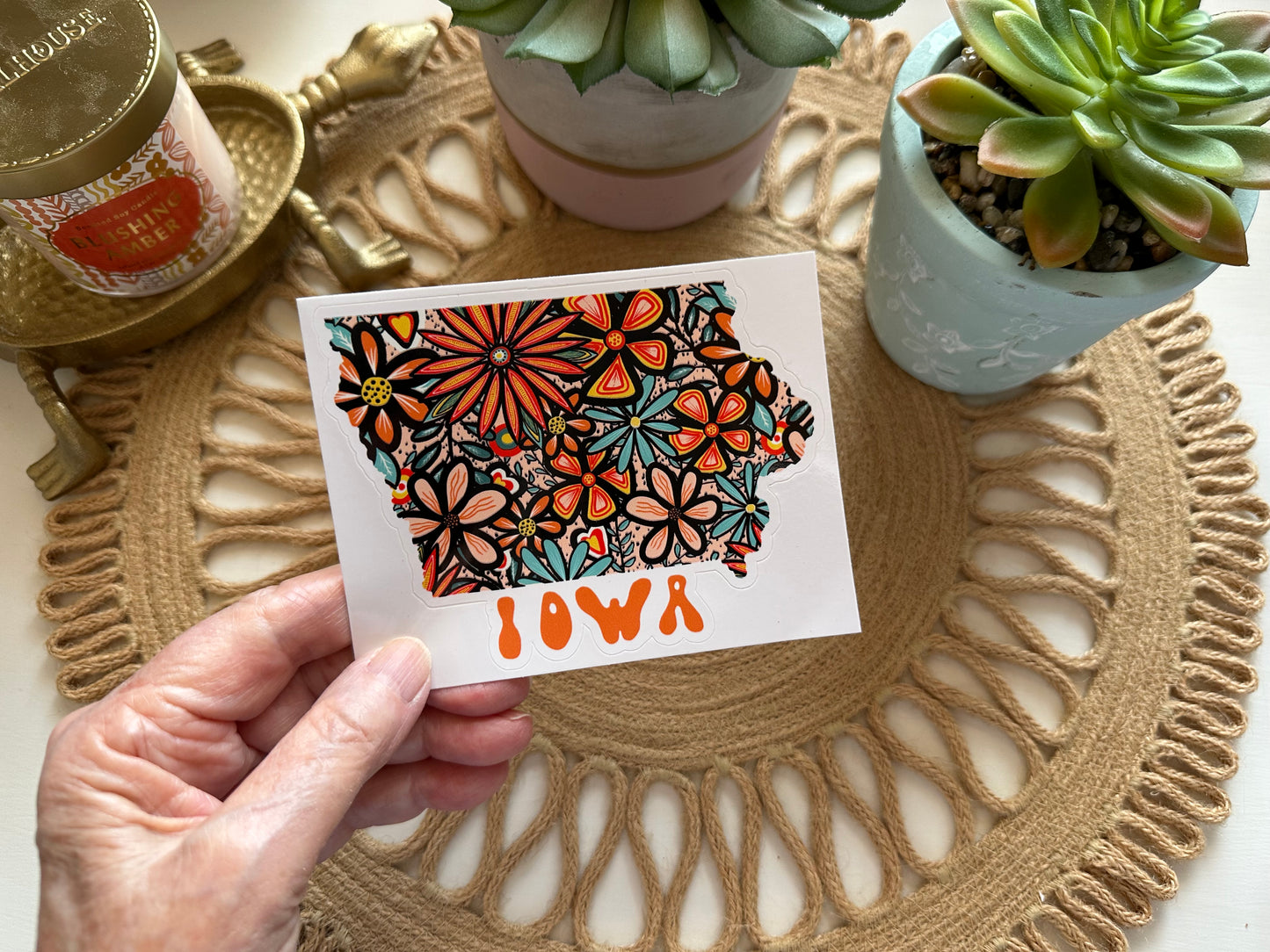 Iowa State Sticker | Vinyl Artist Designed Illustration Featuring Iowa State Outline Filled With Retro Flowers with Retro Hand-Lettering Die-Cut Stickers