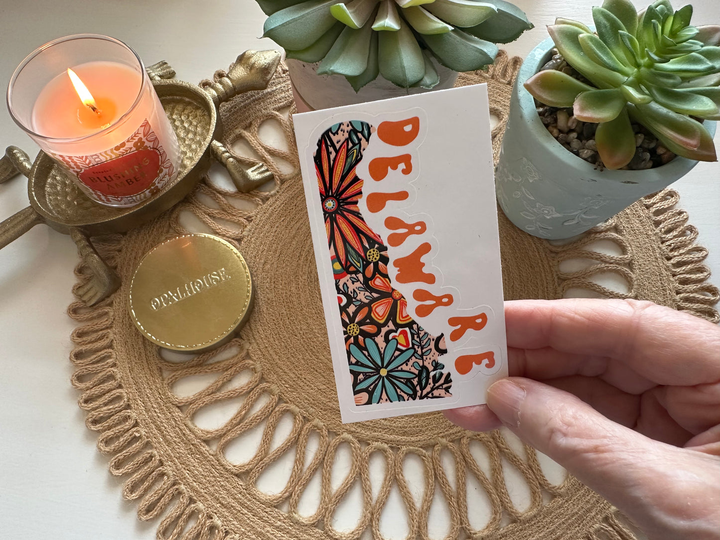 Delaware State Sticker | Vinyl Artist Designed Illustration Featuring Delaware State Outline Filled With Retro Flowers with Retro Hand-Lettering Die-Cut Stickers