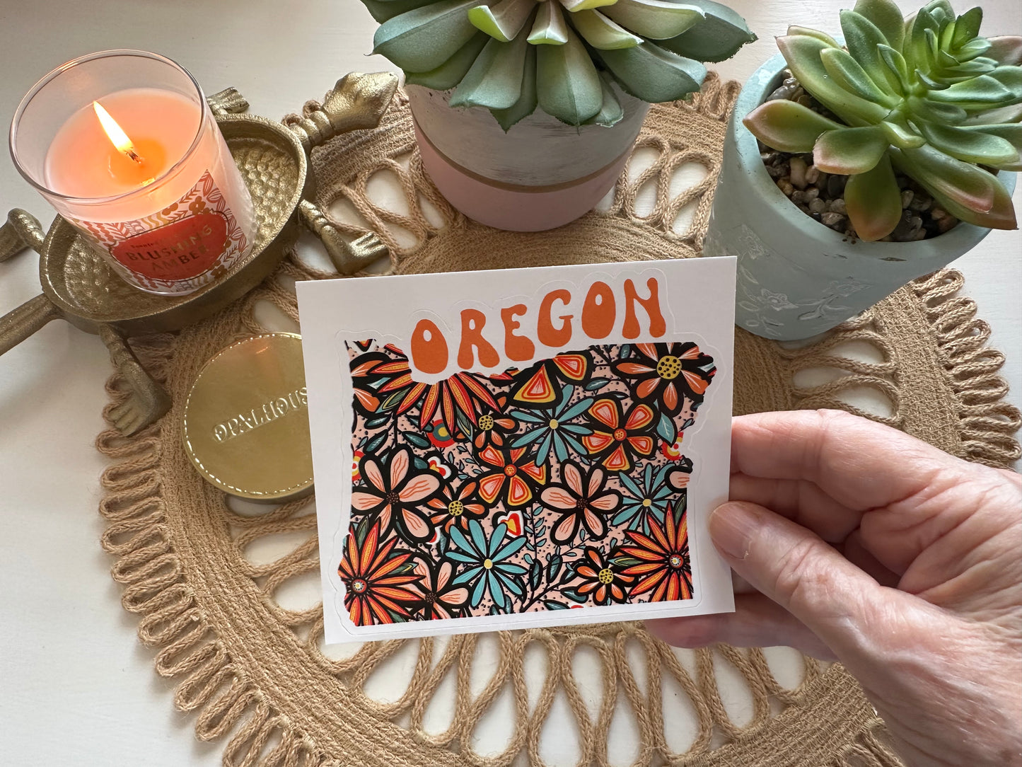 Oregon State Sticker | Vinyl Artist Designed Illustration Featuring Oregon State Filled With Retro Flowers with Retro Hand-Lettering Die-Cut Stickers