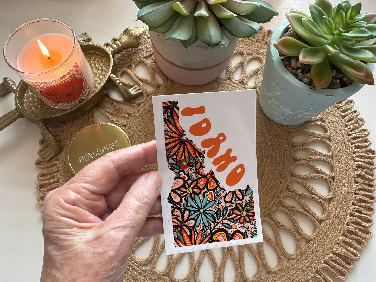 Idaho State Sticker | Vinyl Artist Designed Illustration Featuring Idaho State Outline Filled With Retro Flowers with Retro Hand-Lettering Die-Cut Stickers