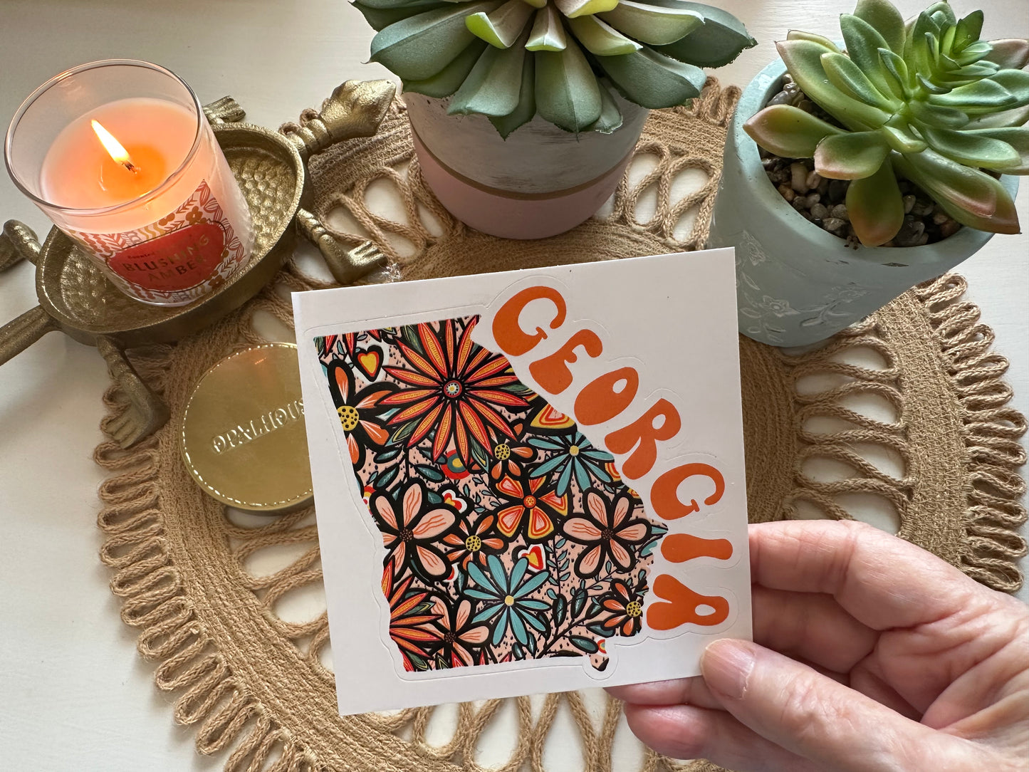 Georgia State Sticker | Vinyl Artist Designed Illustration Featuring Georgia State Outline Filled With Retro Flowers with Retro Hand-Lettering Die-Cut Stickers