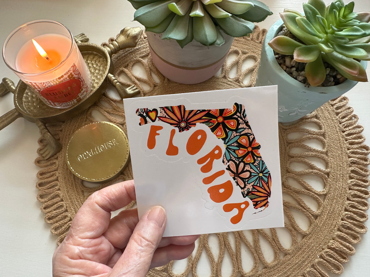Florida State Sticker | Vinyl Artist Designed Illustration Featuring Florida State Outline Filled With Retro Flowers with Retro Hand-Lettering Die-Cut Stickers