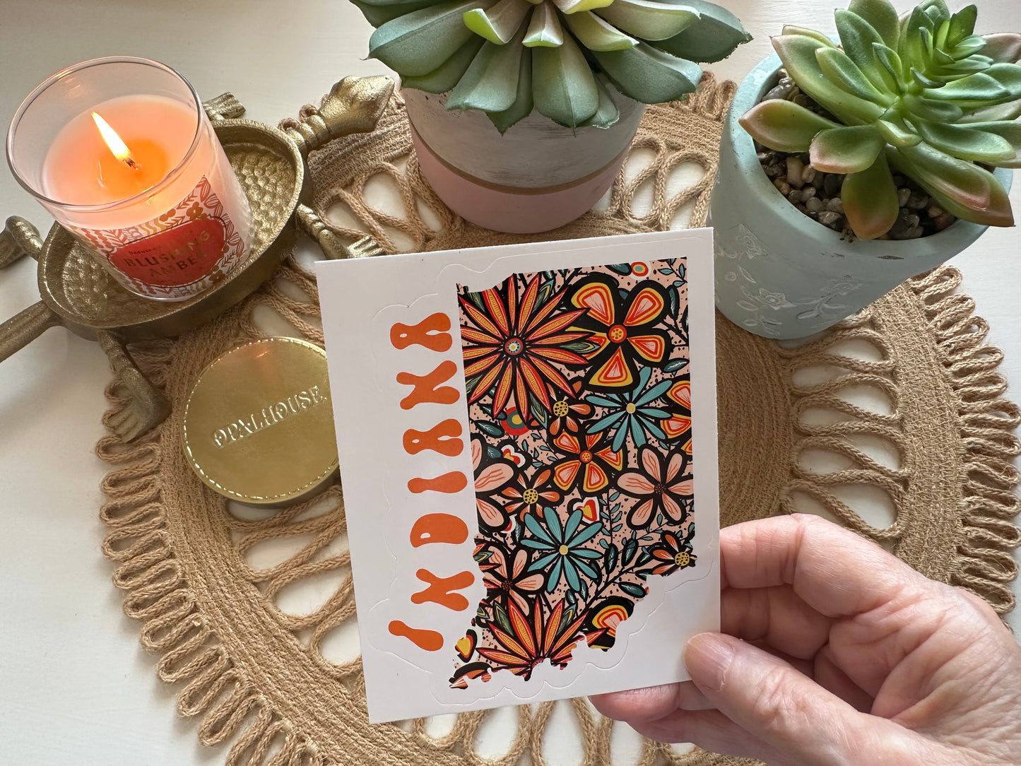 Indiana State Sticker | Vinyl Artist Designed Illustration Featuring Indiana State Outline Filled With Retro Flowers with Retro Hand-Lettering Die-Cut Stickers