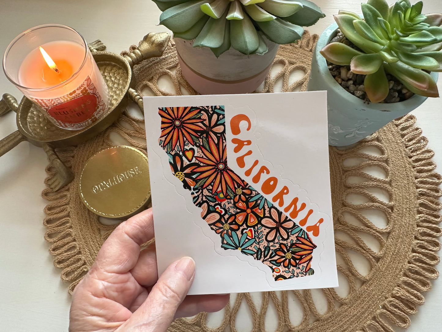 California State Sticker | Vinyl Artist Designed Illustration Featuring California State Outline Filled With Retro Flowers with Retro Hand-Lettering Die-Cut Stickers