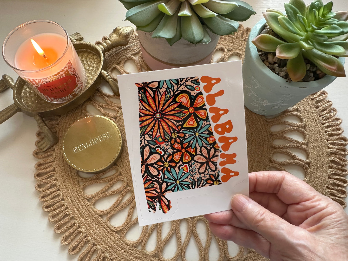 Alabama State Sticker | Vinyl Artist Designed Illustration Featuring Alabama State Outline Filled With Retro Flowers with Retro Hand-Lettering Die-Cut Stickers