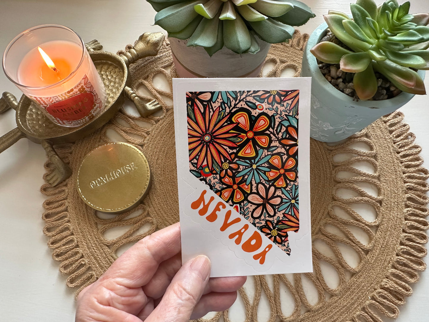 Nevada State Sticker | Vinyl Artist Designed Illustration Featuring Nevada State Outline Filled With Retro Flowers with Retro Hand-Lettering Die-Cut Stickers