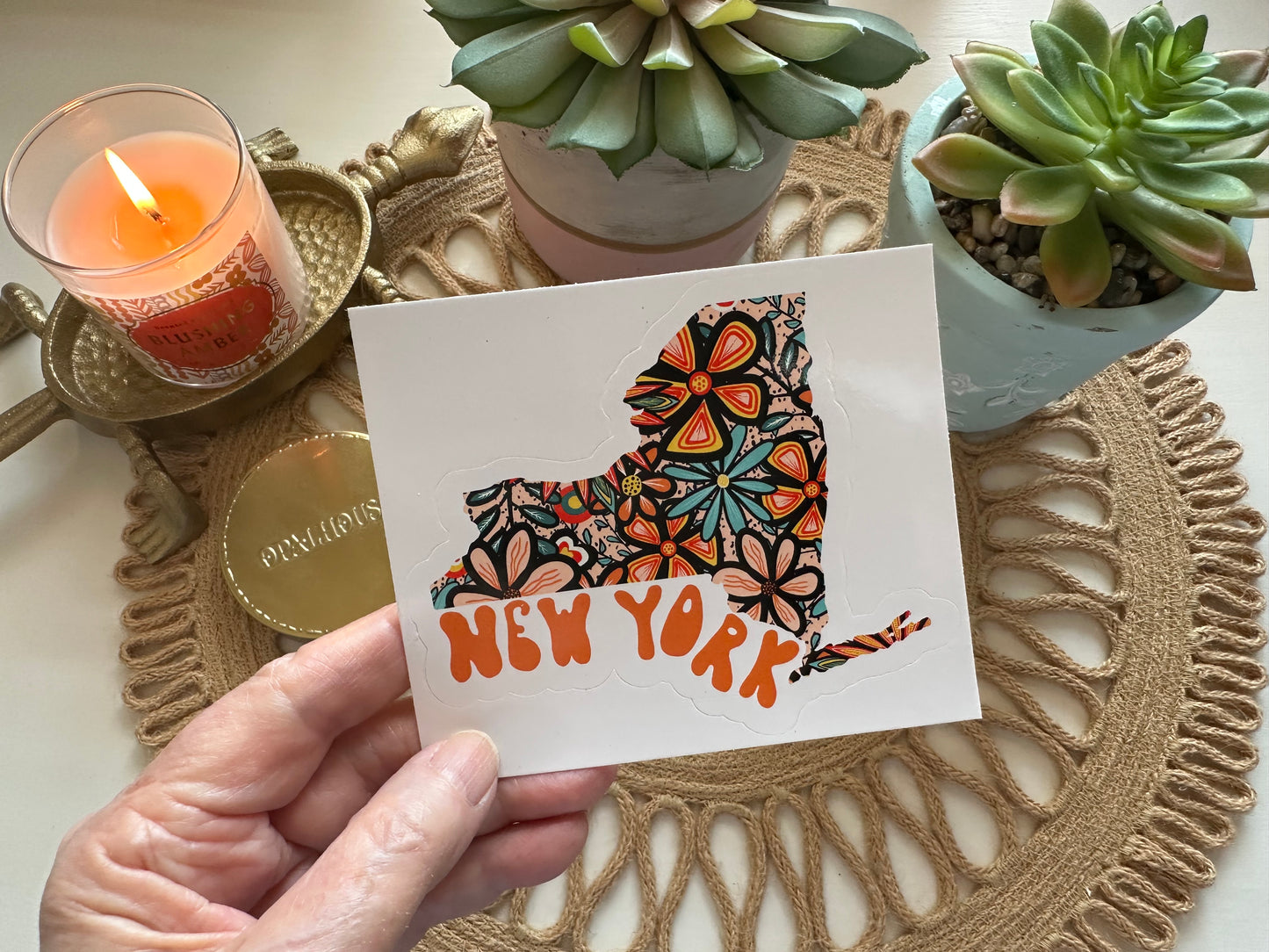 New York State Sticker | Vinyl Artist Designed Illustration Featuring New York State Outline Filled With Retro Flowers with Retro Hand-Lettering Die-Cut Stickers