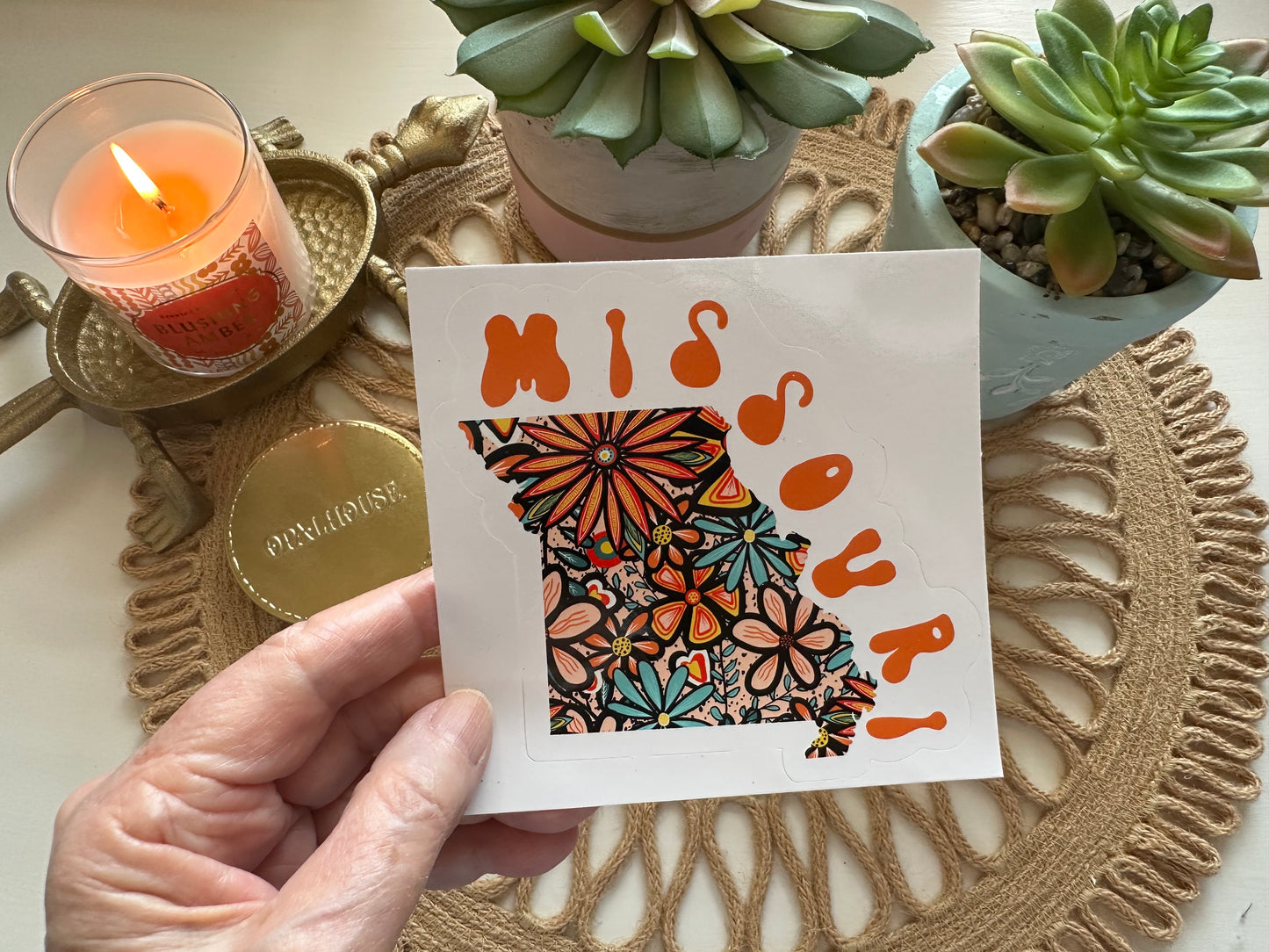 Missouri State Sticker | Vinyl Artist Designed Illustration Featuring Missouri State Outline Filled With Retro Flowers with Retro Hand-Lettering