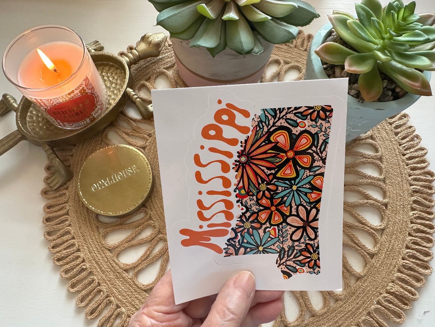 Mississippi State Sticker | Vinyl Artist Designed Illustration Featuring Mississippi State Outline Filled With Retro Flowers with Retro Hand-Lettering Die-Cut Stickers