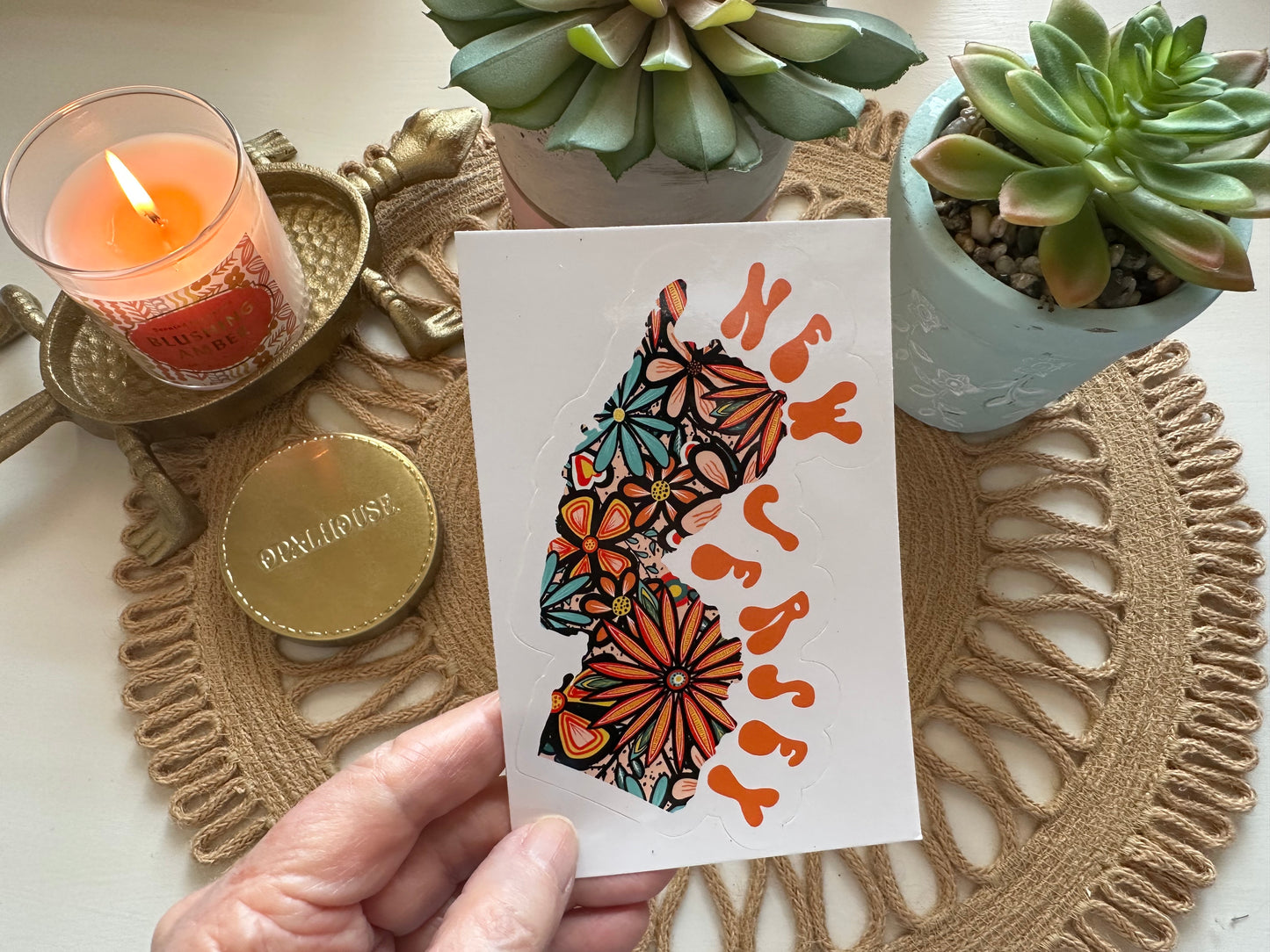 New Jersey State Sticker | Vinyl Artist Designed Illustration Featuring New Jersey State Outline Filled With Retro Flowers with Retro Hand-Lettering Die-Cut Stickers